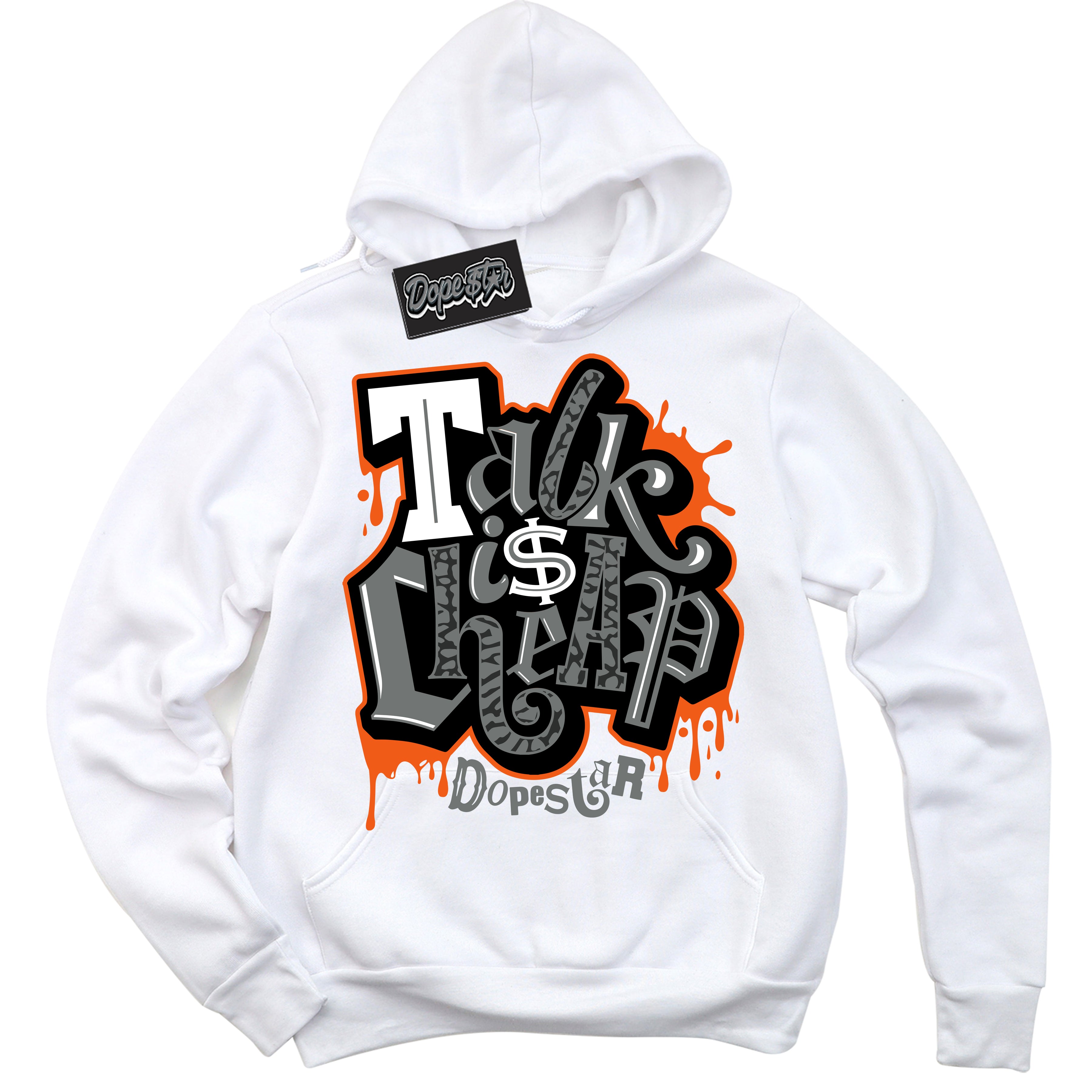 Cool White Graphic DopeStar Hoodie with “ Talk Is Cheap “ print, that perfectly matches Fear Pack 3s sneakers