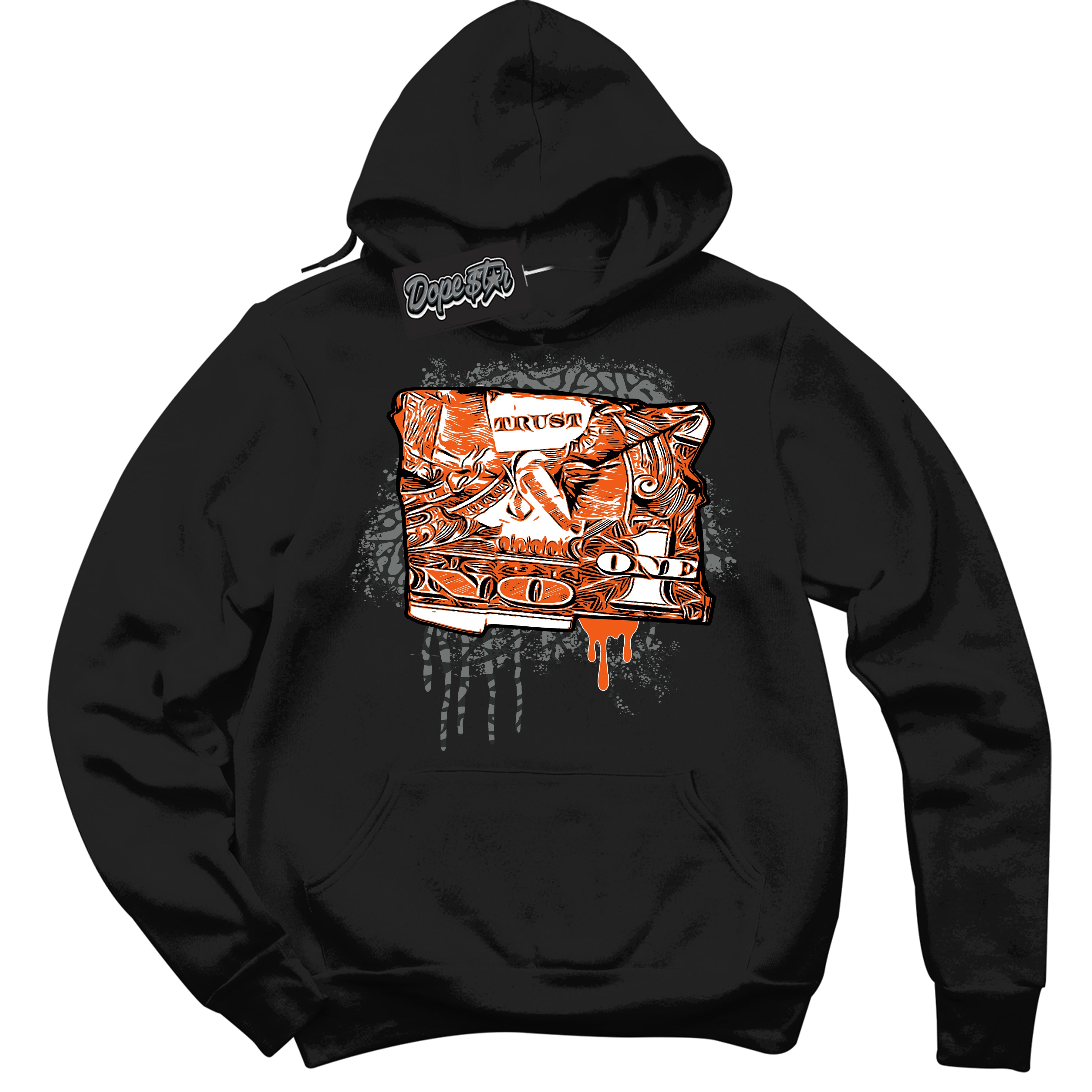 Cool Black Graphic DopeStar Hoodie with “  Trust No One Dollar  “ print, that perfectly matches Fear Pack 3s sneakers