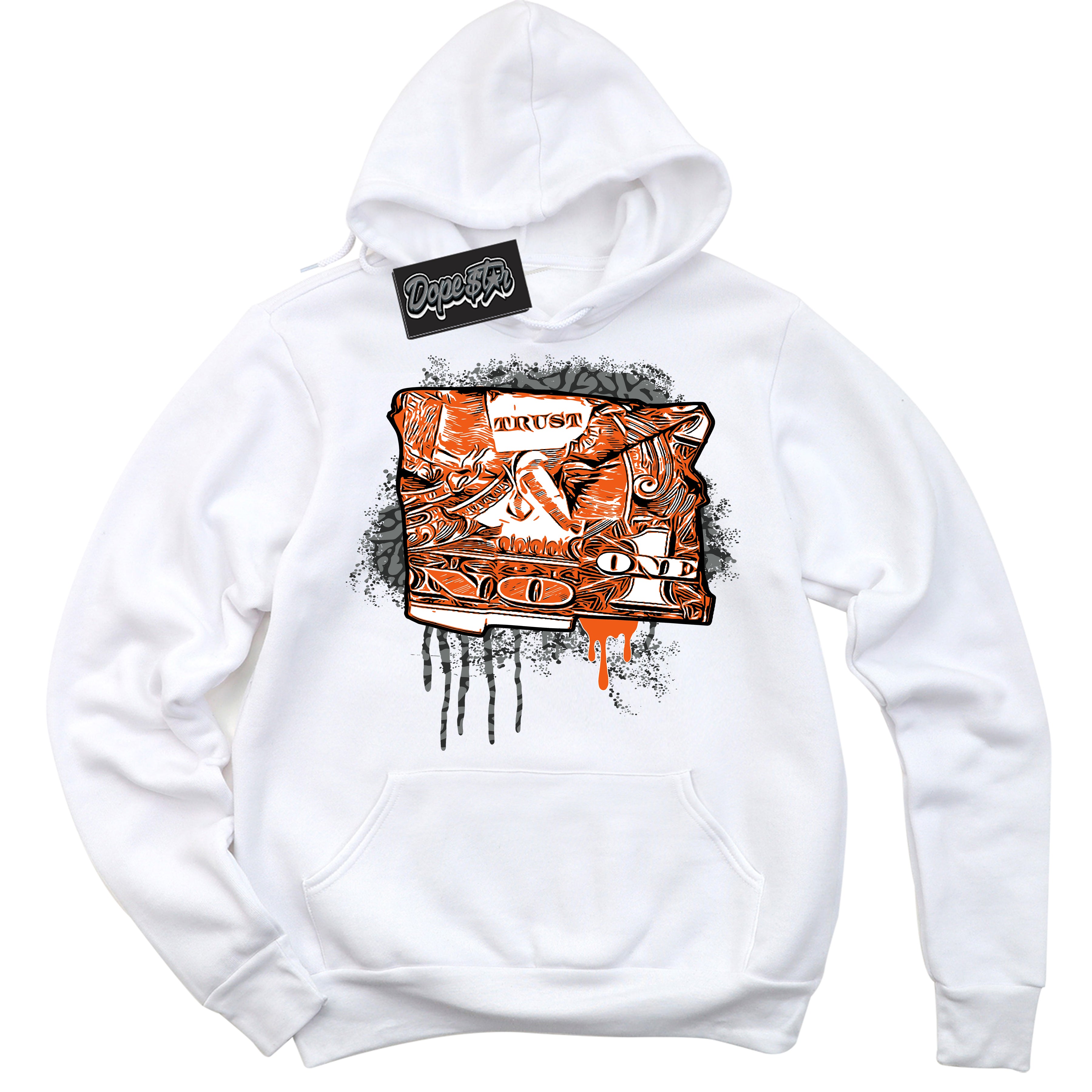 Cool White Graphic DopeStar Hoodie with “  Trust No One Dollar “ print, that perfectly matches Fear Pack 3s sneakers