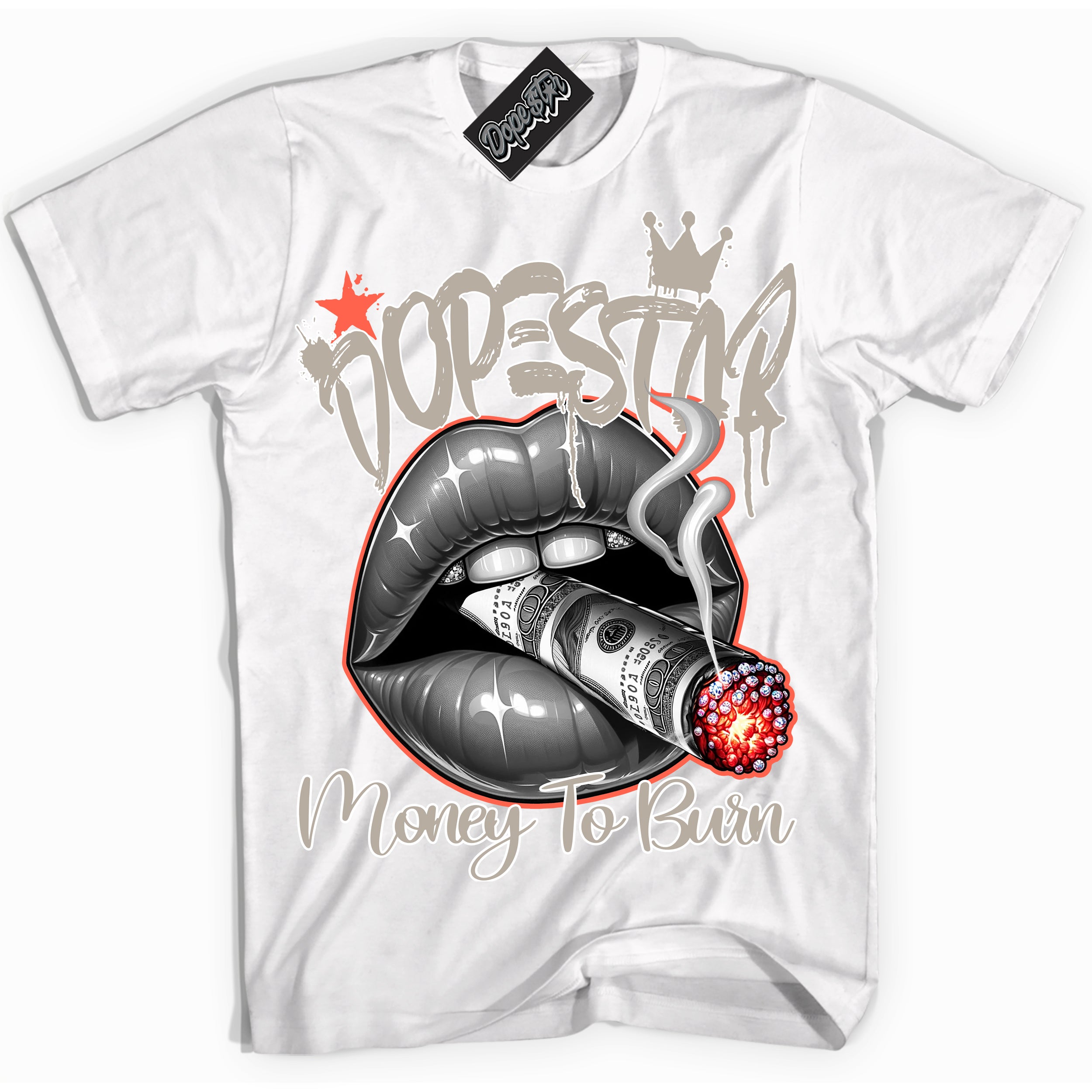 Cool White Shirt with “ Money To Burn” design that perfectly matches Georgia Peach 3s Sneakers.
