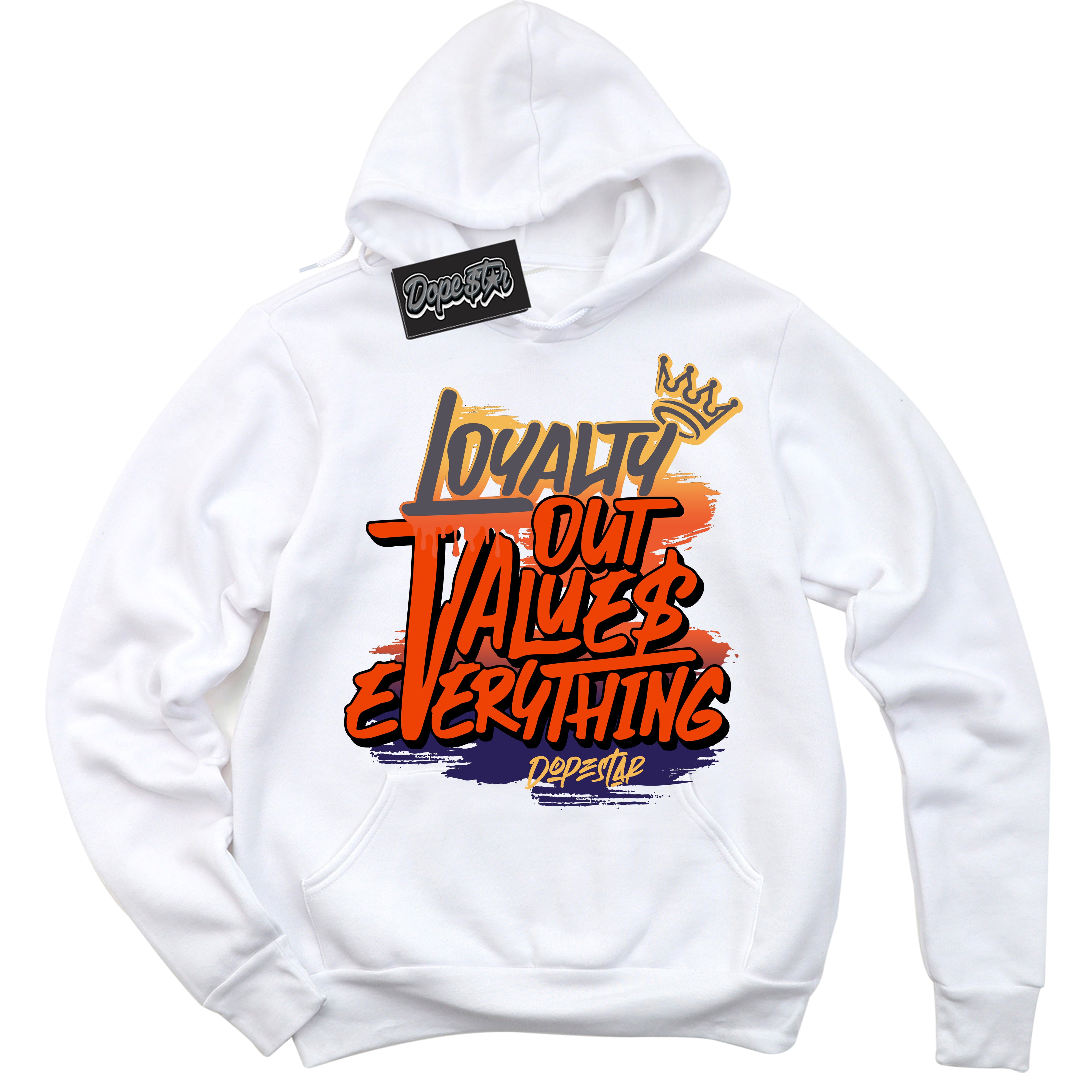 Cool White Hoodie with “ Loyalty Out Values Everything ”  design that Perfectly Matches J Balvin Rio 3s Sneakers.