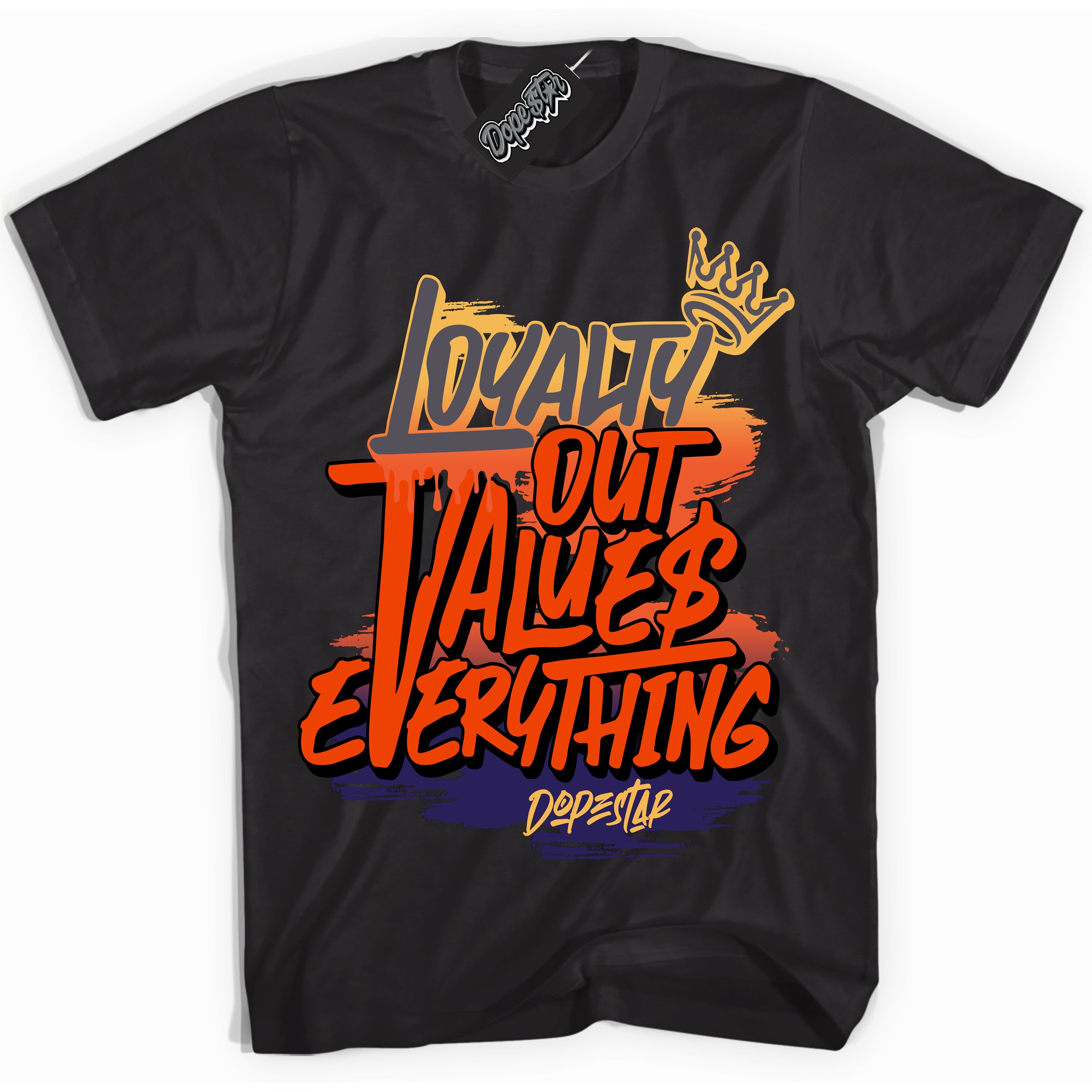 Cool Black Shirt with “ Loyalty Out Values Everything” design that perfectly matches J Balvin Rio 3s Sneakers.