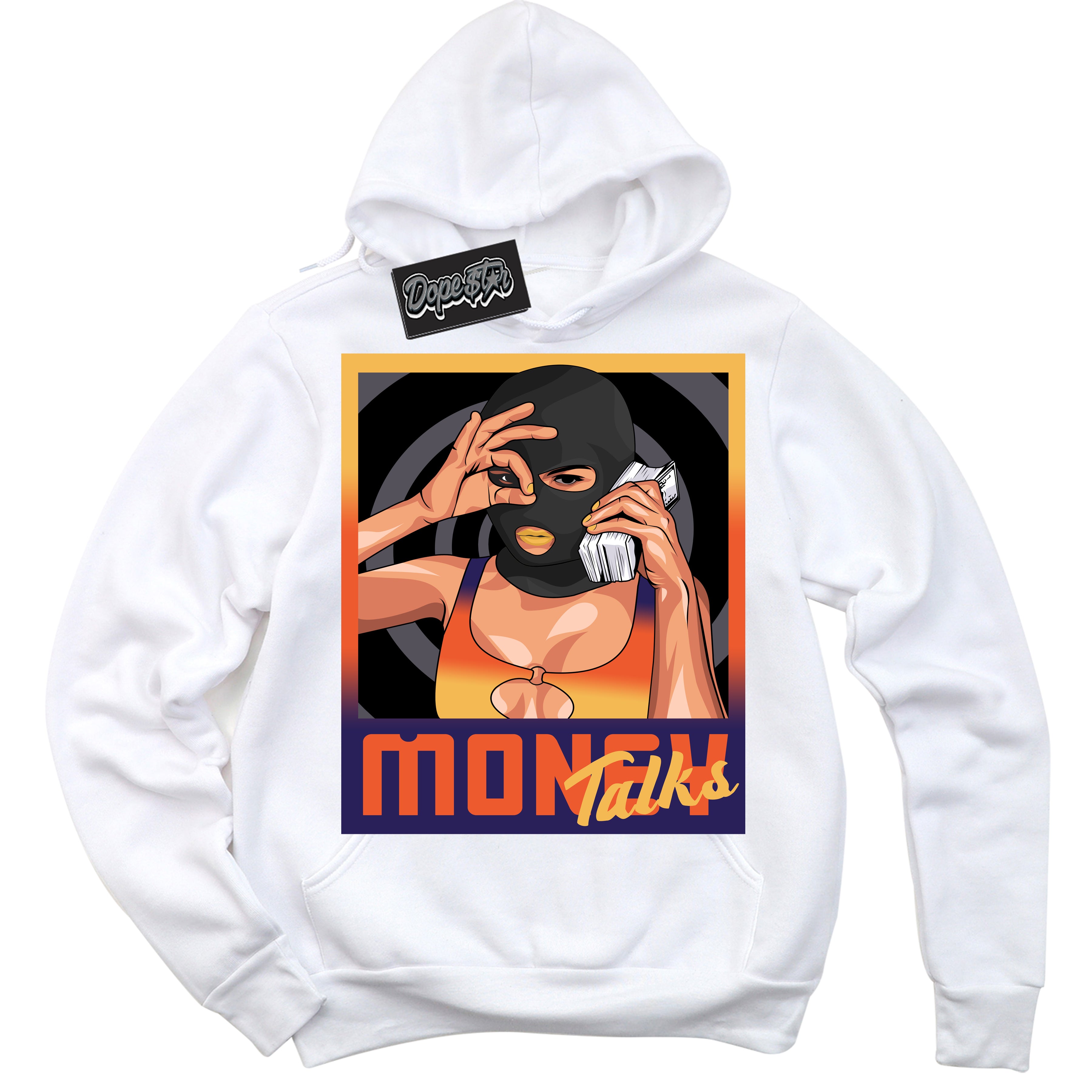 Cool White Hoodie with “ Money Talks ”  design that Perfectly Matches J Balvin Rio 3s Sneakers.