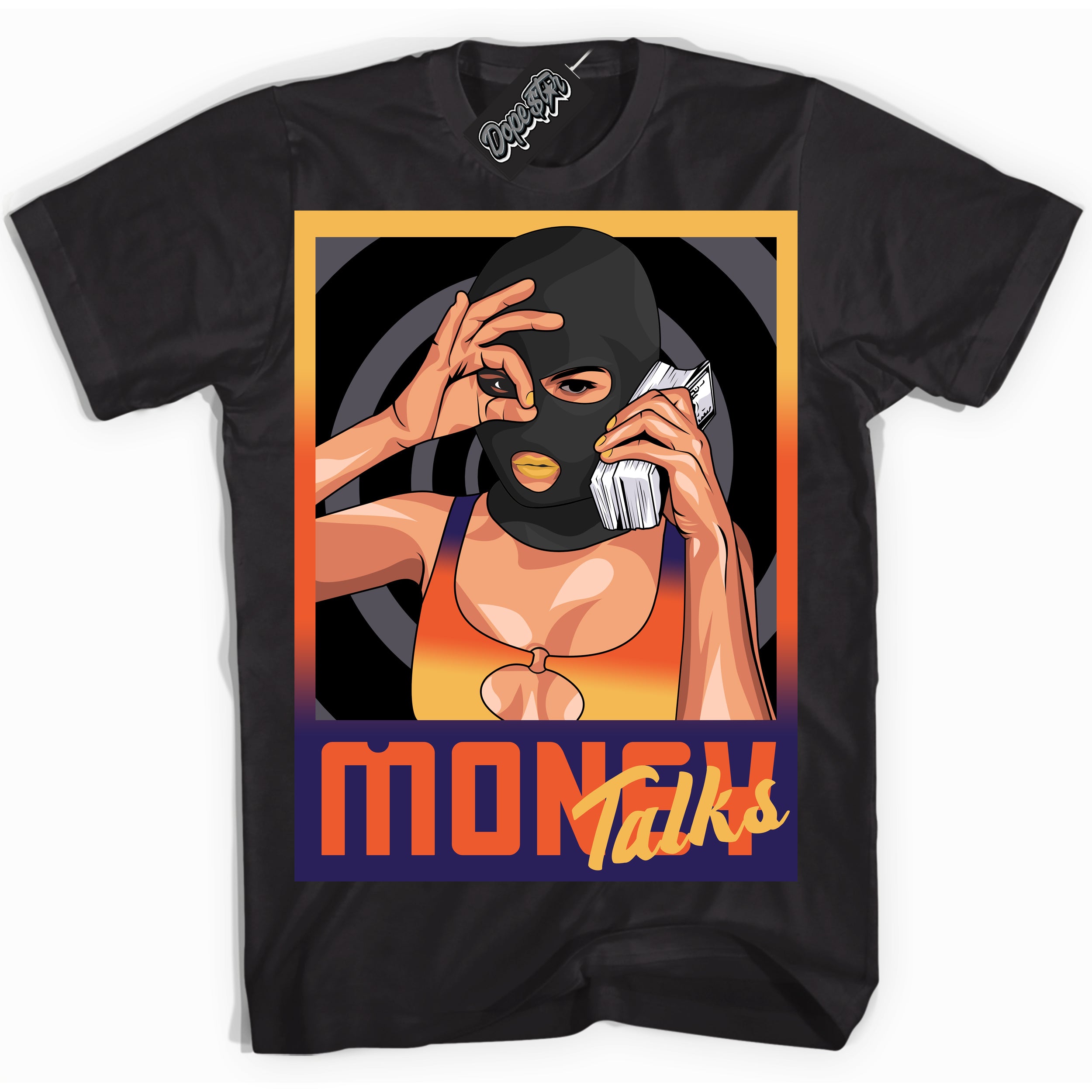 Cool Black Shirt with “ Money Talks” design that perfectly matches J Balvin Rio 3s Sneakers.
