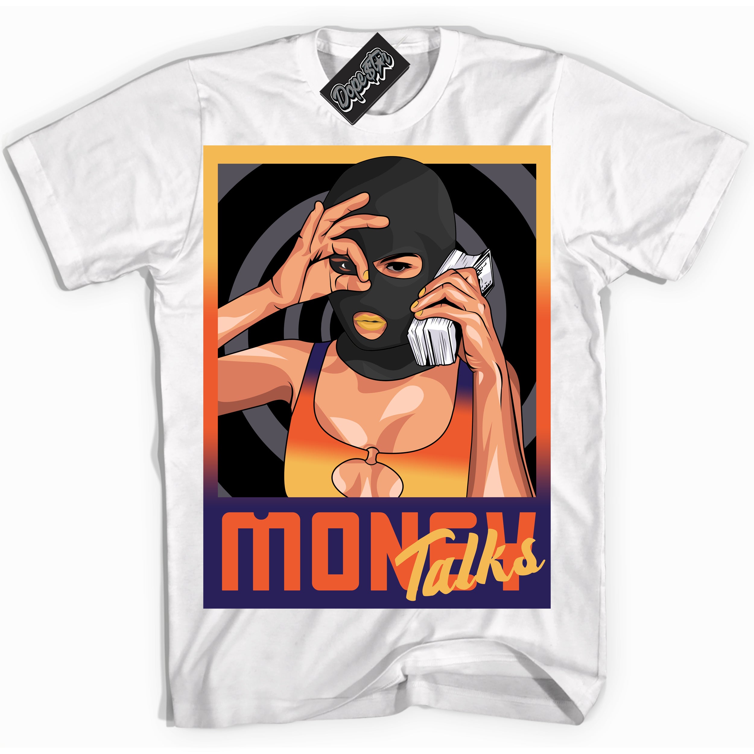 Cool White Shirt with “ Money Talks” design that perfectly matches J Balvin Rio 3s Sneakers.