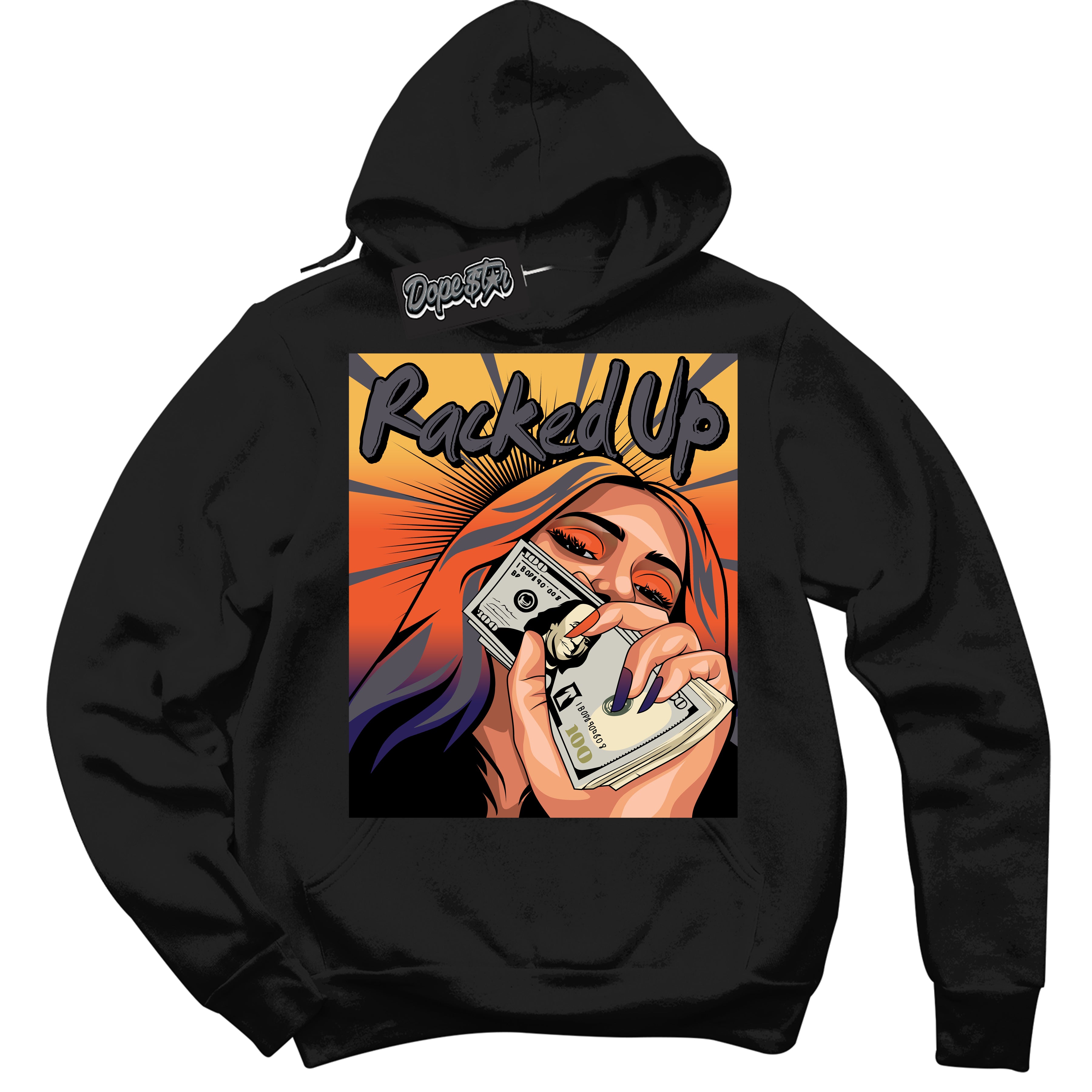 Cool Black Hoodie with “ Racked Up ”  design that Perfectly Matches J Balvin Rio 3s Sneakers.