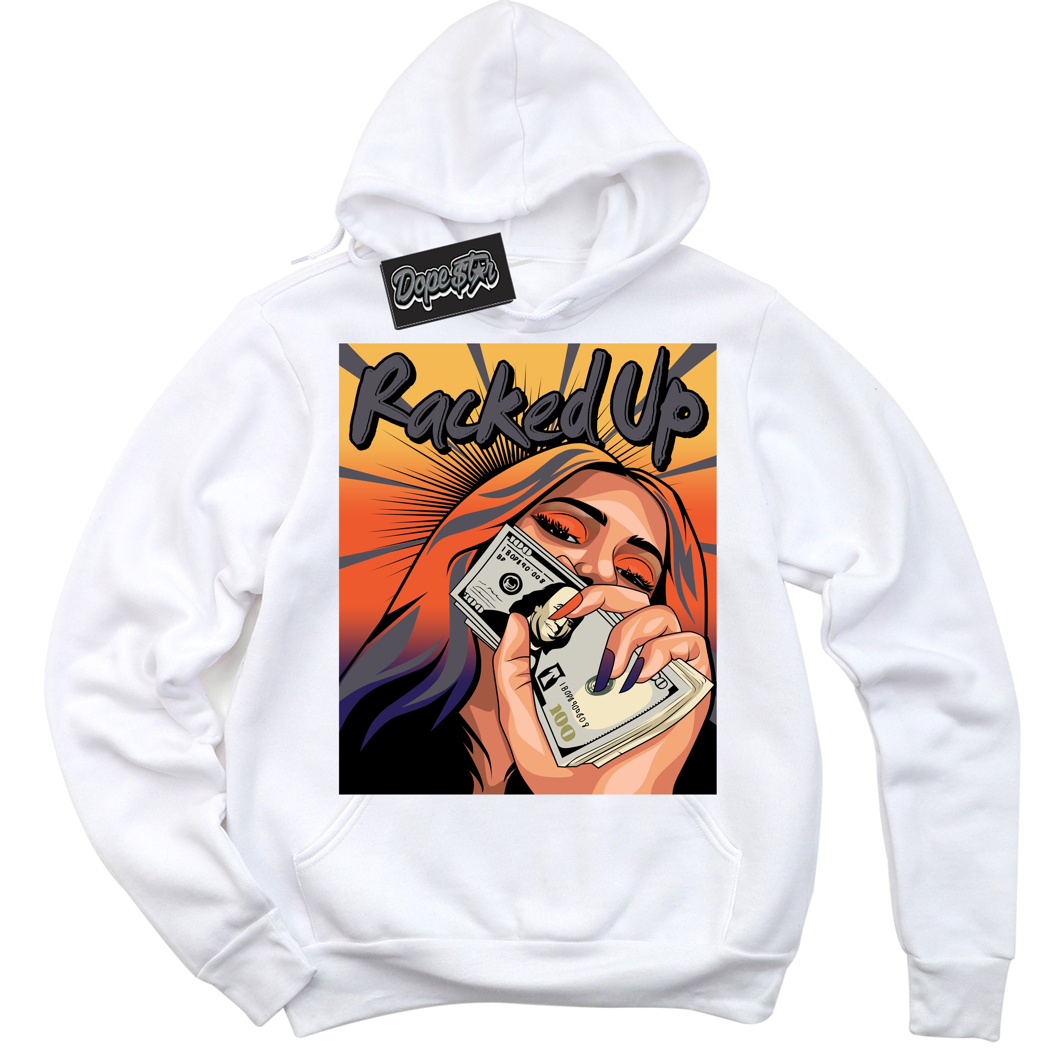 Cool White Hoodie with “ Racked Up ”  design that Perfectly Matches J Balvin Rio 3s Sneakers.