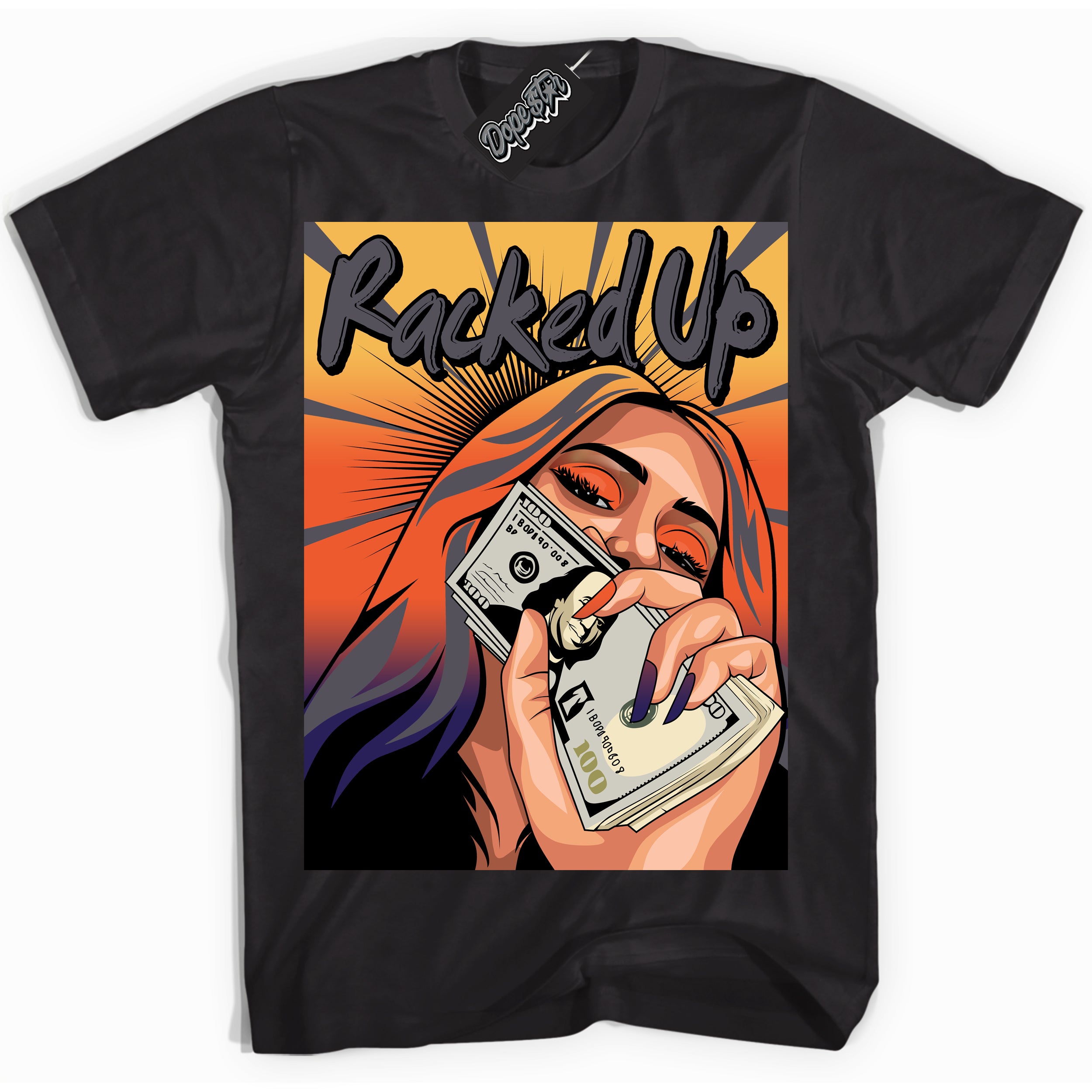 Cool Black Shirt with “ Racked Up” design that perfectly matches J Balvin Rio 3s Sneakers.