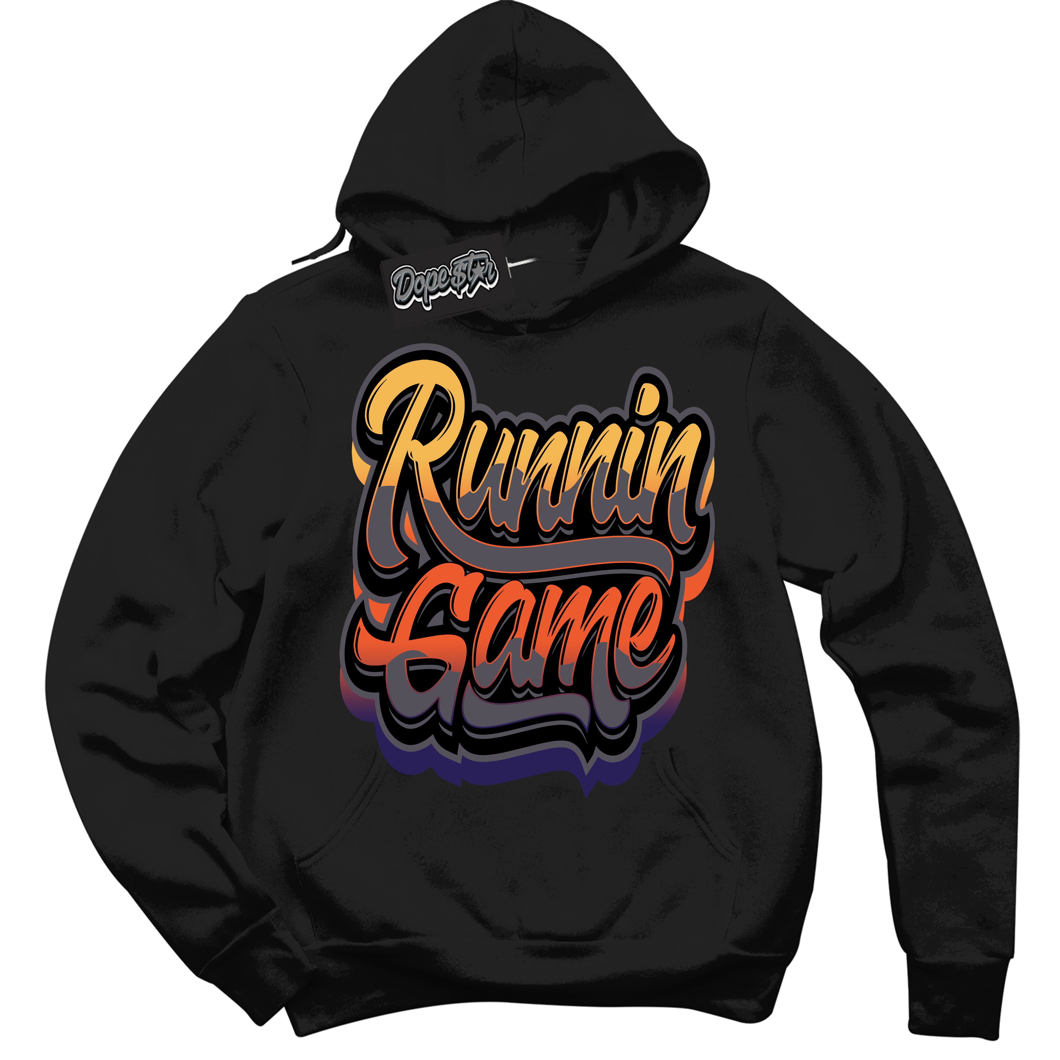 Cool Black Hoodie with “ Runnin Game ”  design that Perfectly Matches J Balvin Rio 3s Sneakers.