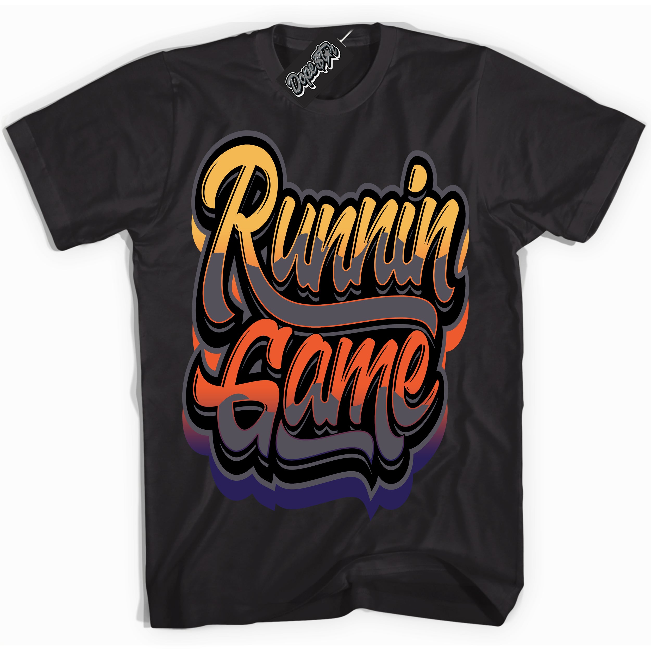 Cool Black Shirt with “ Runnin Game” design that perfectly matches J Balvin Rio 3s Sneakers.