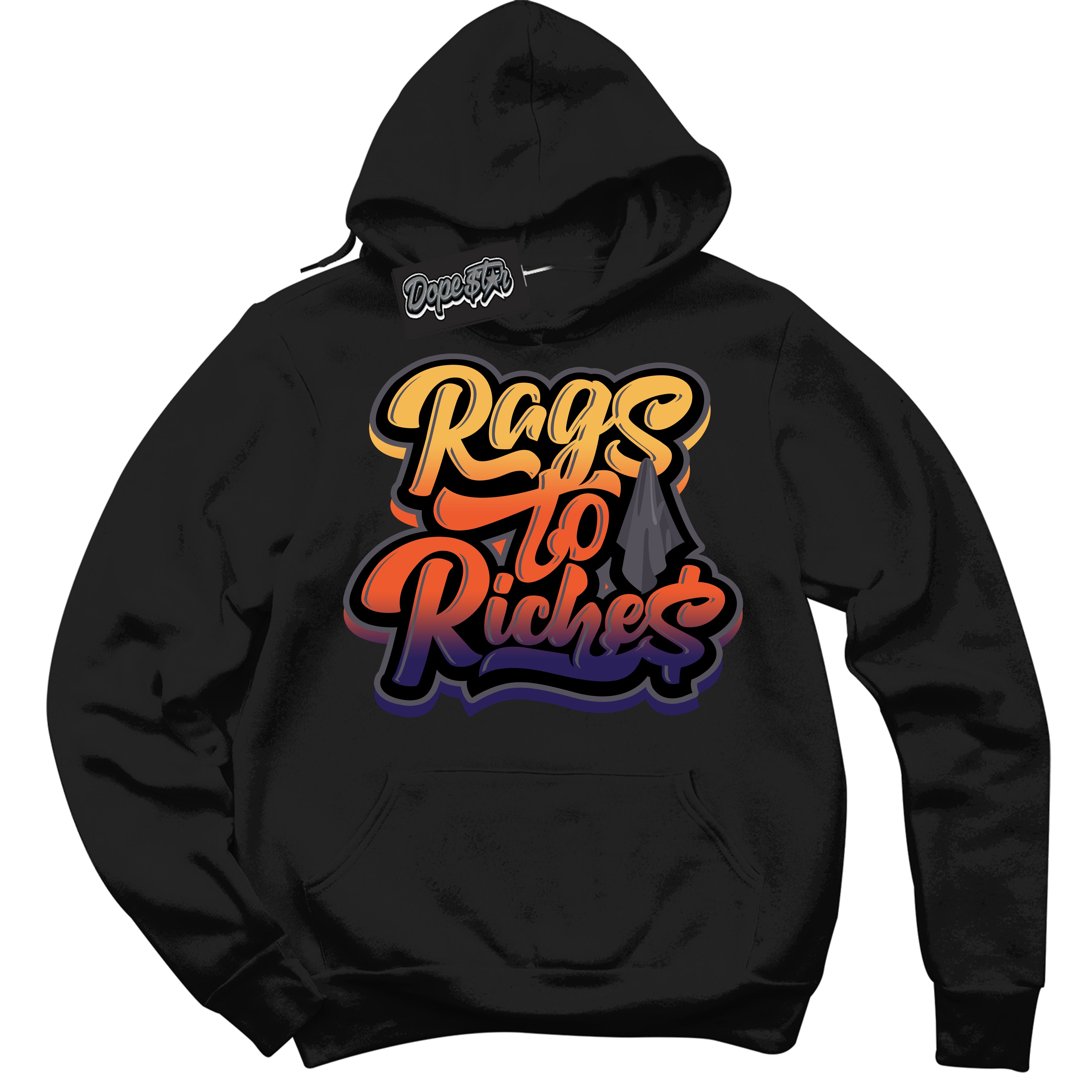 Cool Black Hoodie with “ Rags To Riches ”  design that Perfectly Matches J Balvin Rio 3s Sneakers.