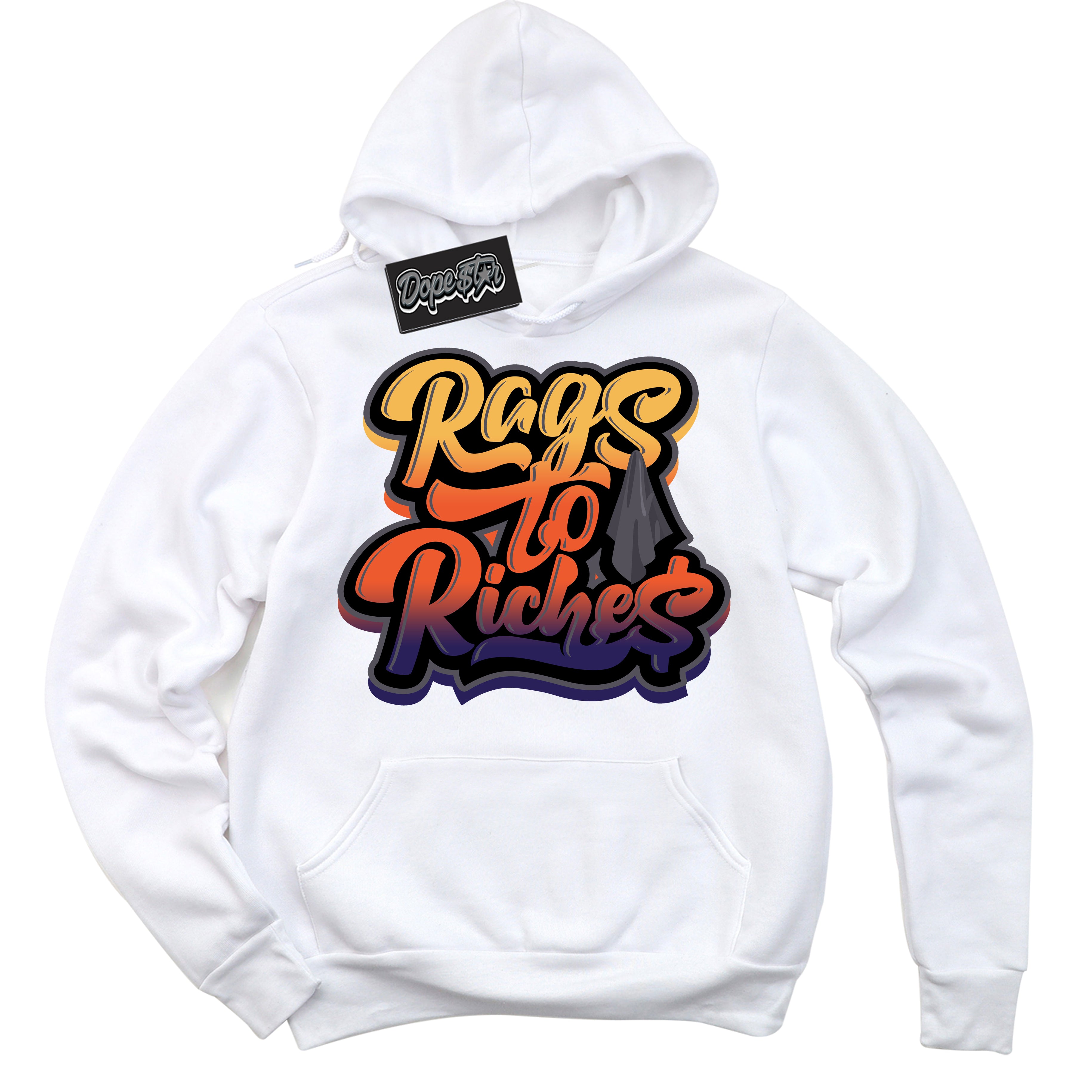 Cool White Hoodie with “ Rags To Riches ”  design that Perfectly Matches J Balvin Rio 3s Sneakers.
