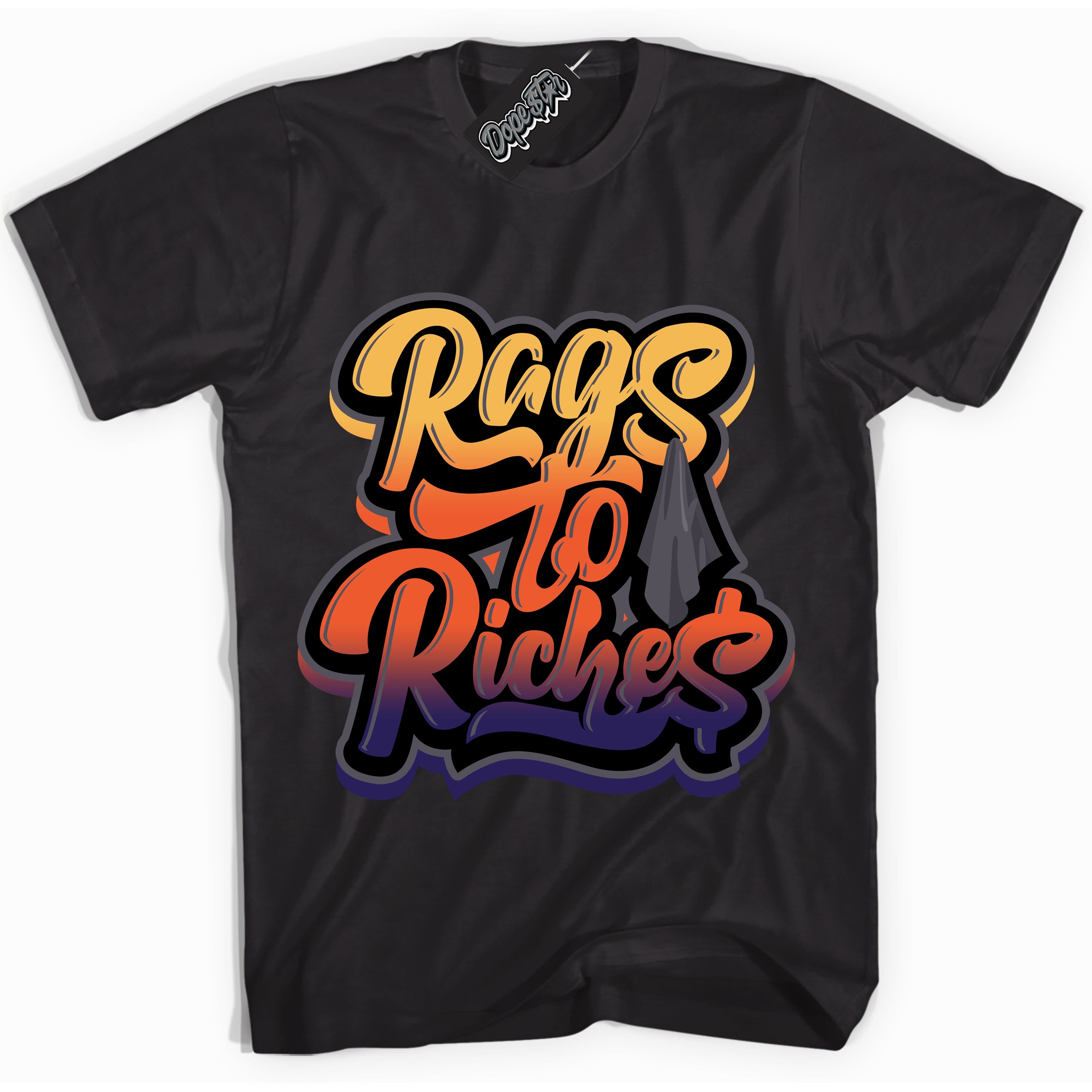 Cool Black Shirt with “ Rags To Riches” design that perfectly matches J Balvin Rio 3s Sneakers.