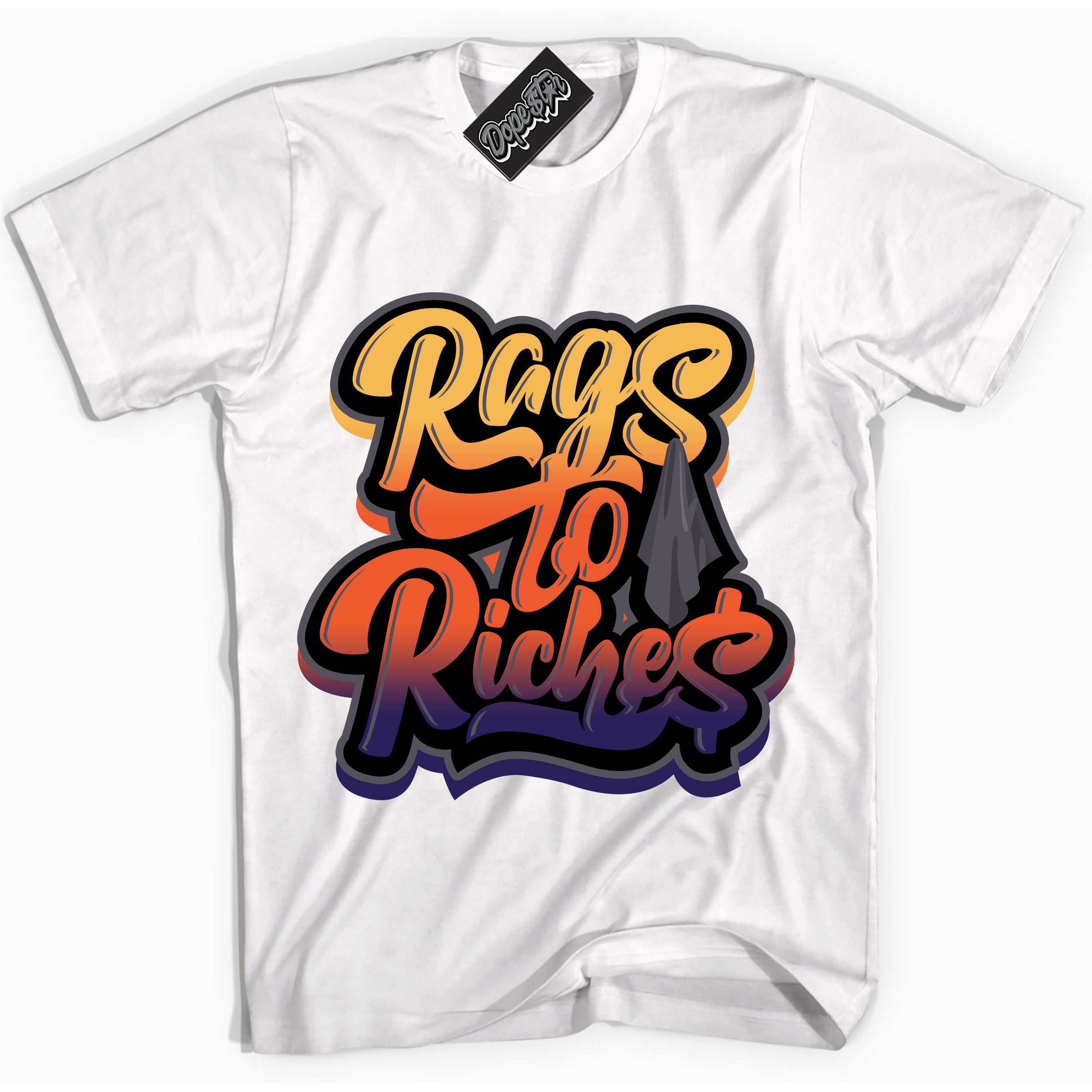Cool White Shirt with “ Rags To Riches” design that perfectly matches J Balvin Rio 3s Sneakers.