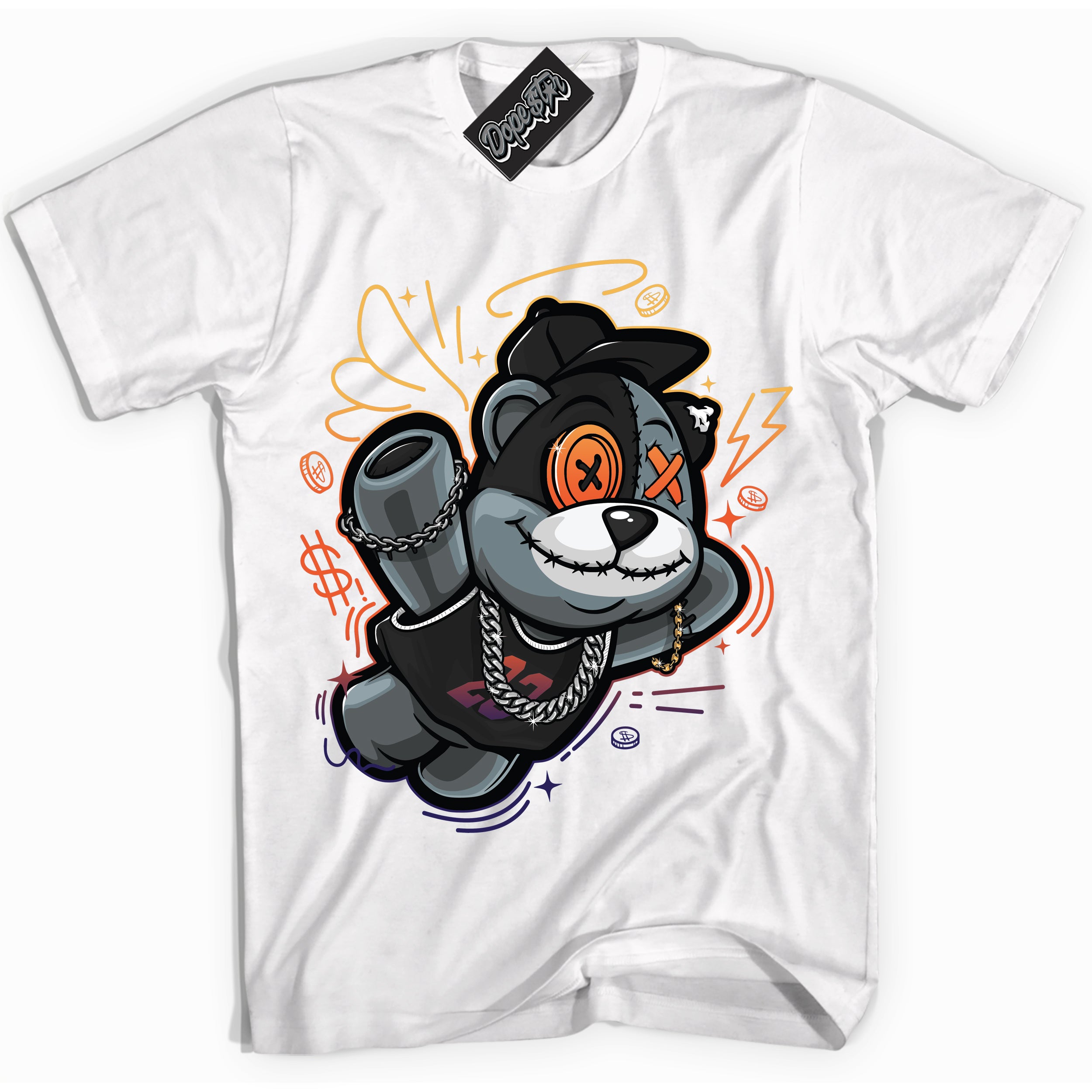 Cool White Shirt with “ Slam Dunk Bear” design that perfectly matches J Balvin Rio 3s Sneakers.