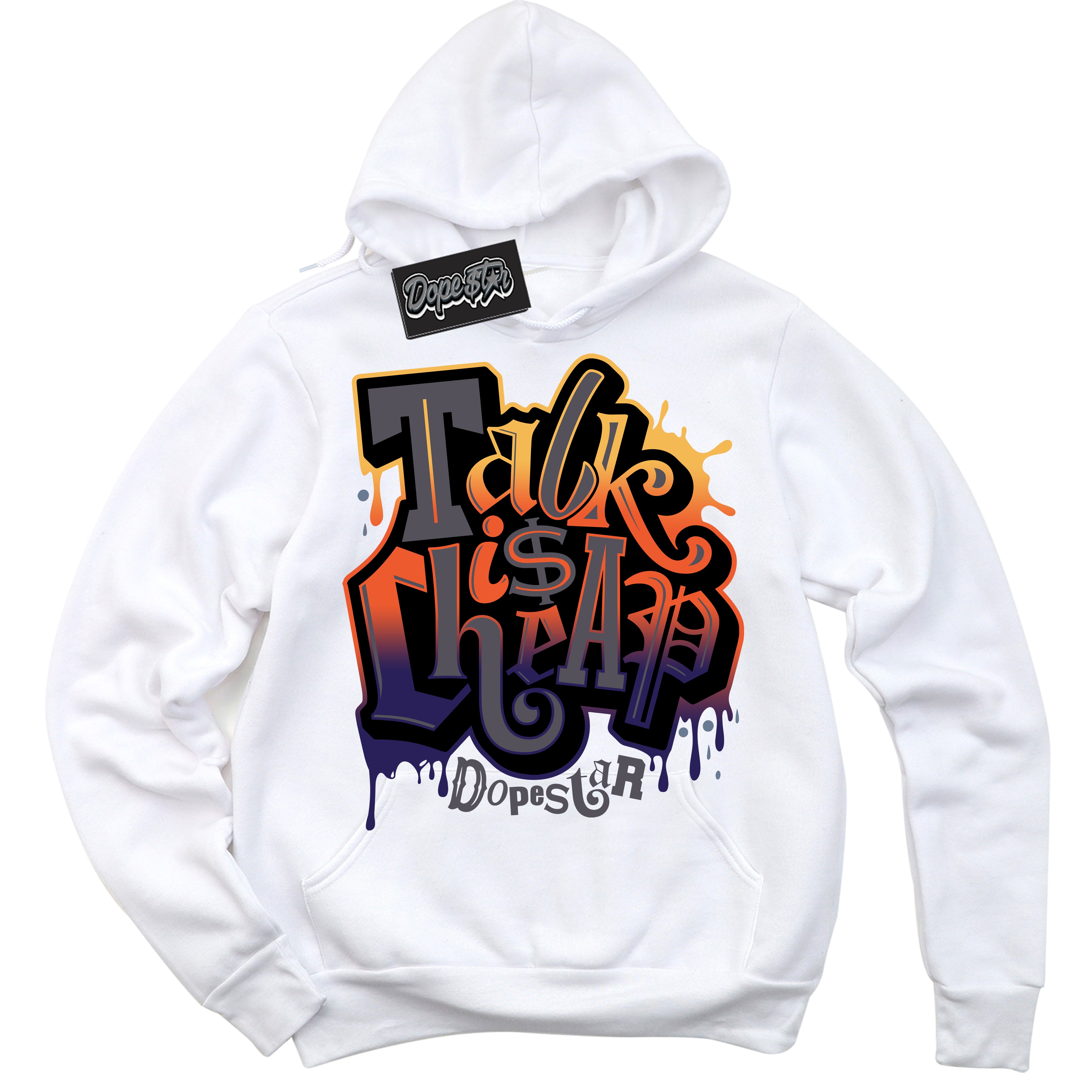 Cool White Hoodie with “ Talk Is Cheap ”  design that Perfectly Matches J Balvin Rio 3s Sneakers.