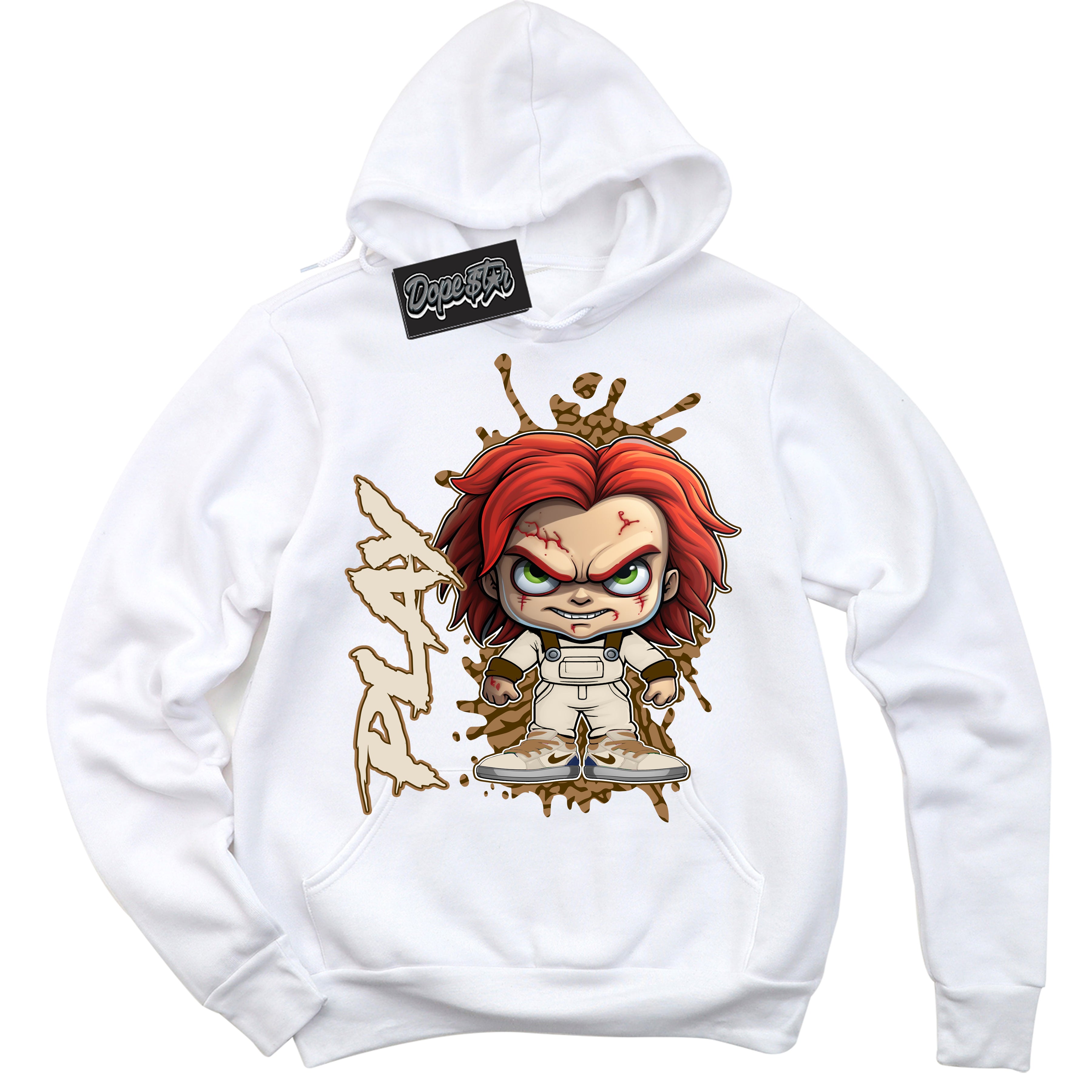 Cool White Graphic DopeStar Hoodie with “ Chucky Play “ print, that perfectly matches Palomino 3s sneakers
