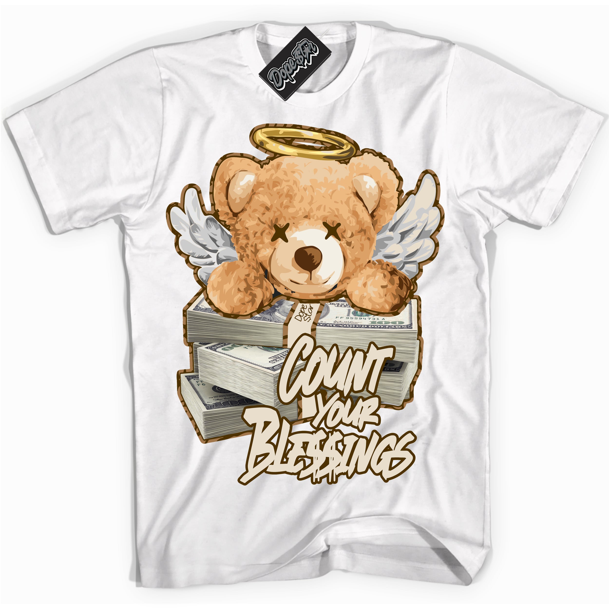 Cool White graphic tee with “ Count Your Blessings ” design, that perfectly matches Palomino 3s sneakers 
