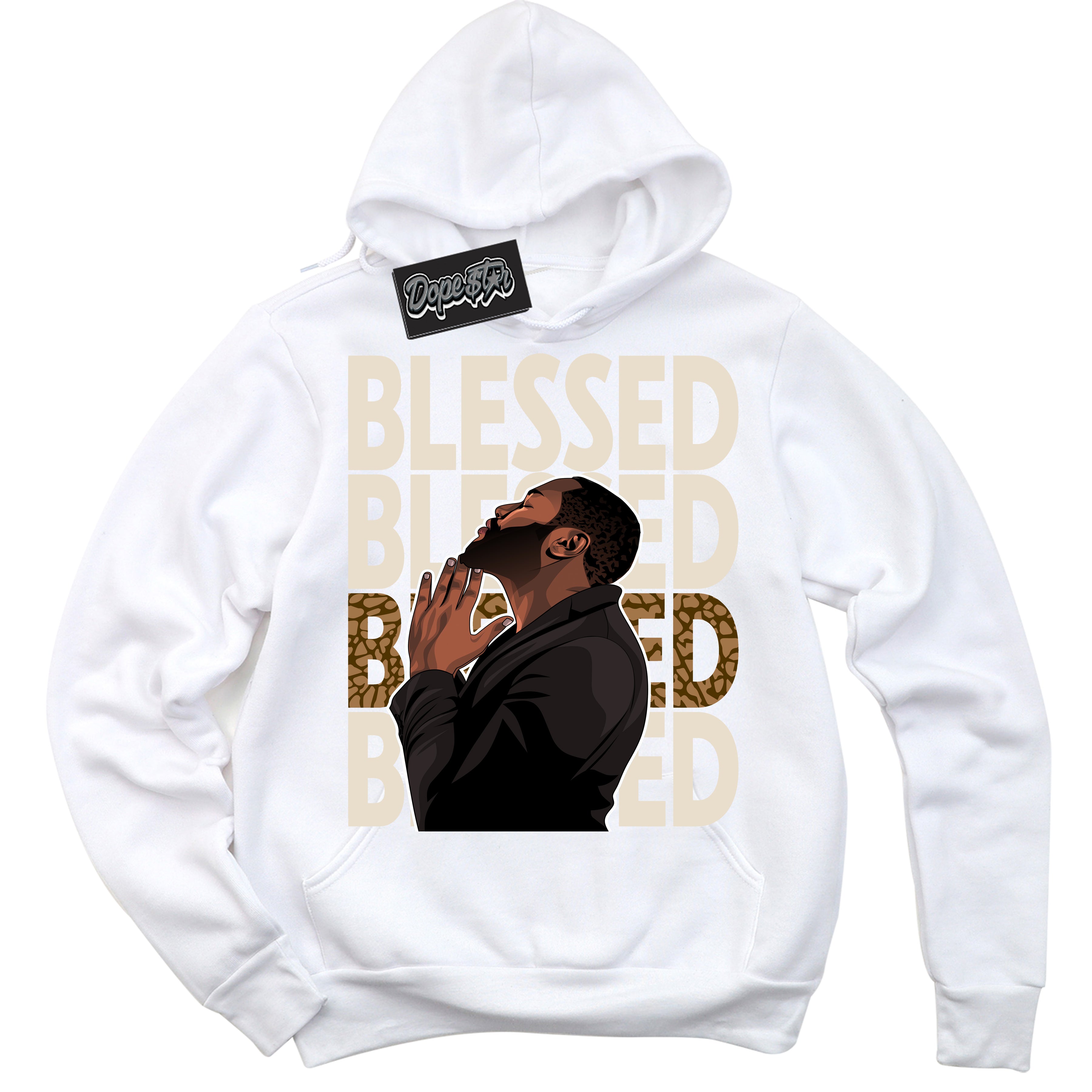 Cool White Graphic DopeStar Hoodie with “ God Blessed “ print, that perfectly matches Palomino 3s sneakers
