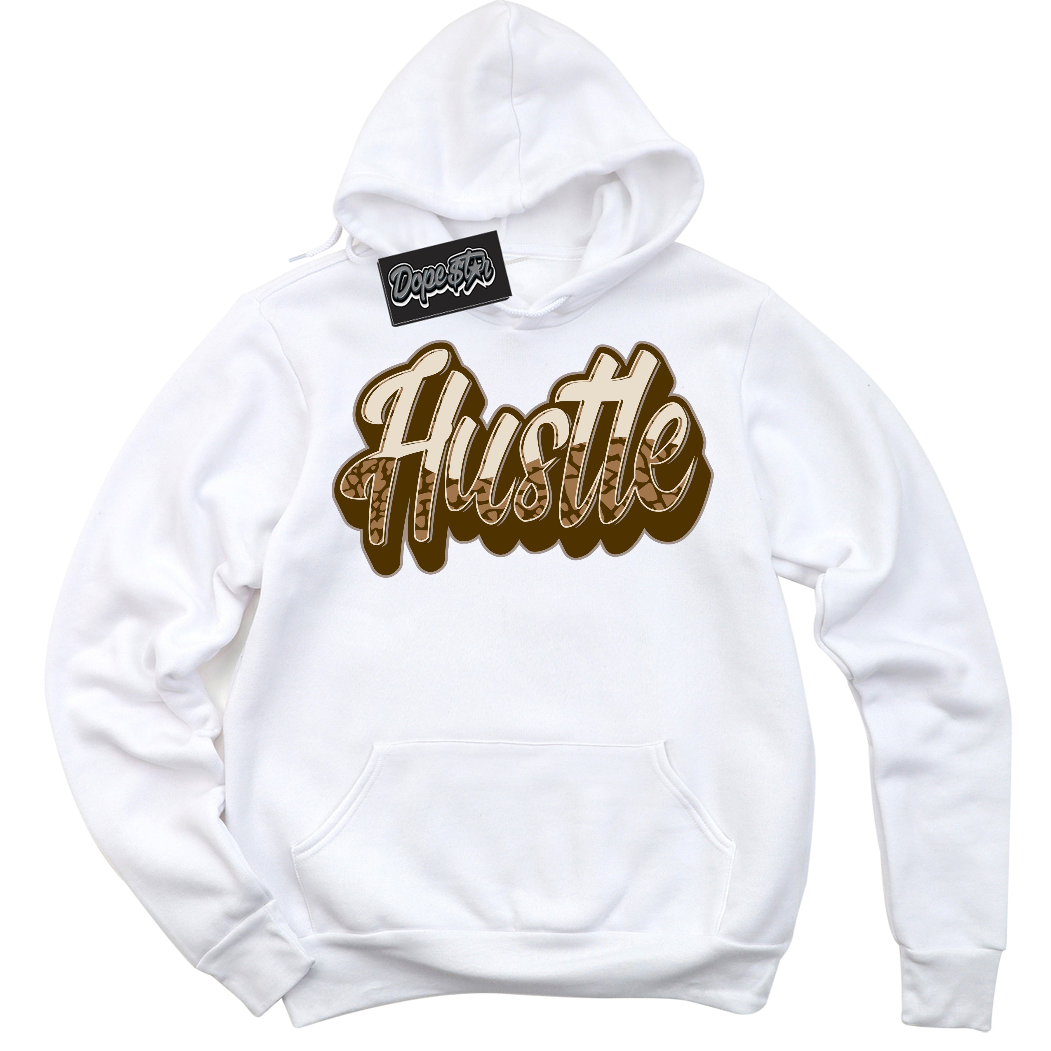 Cool White Graphic DopeStar Hoodie with “ Hustle “ print, that perfectly matches Palomino 3s sneakers