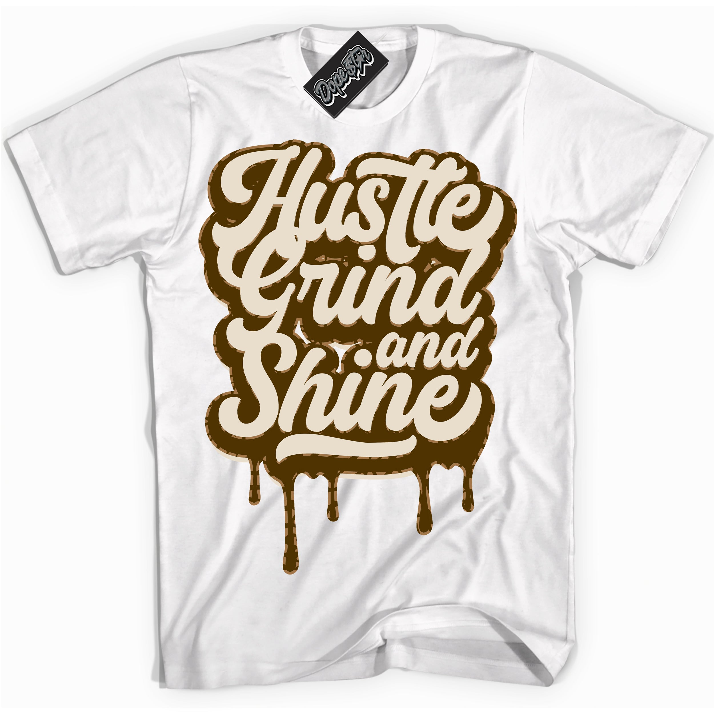 Cool White graphic tee with “ Hustle Grind And Shine ” design, that perfectly matches Palomino 3s sneakers 