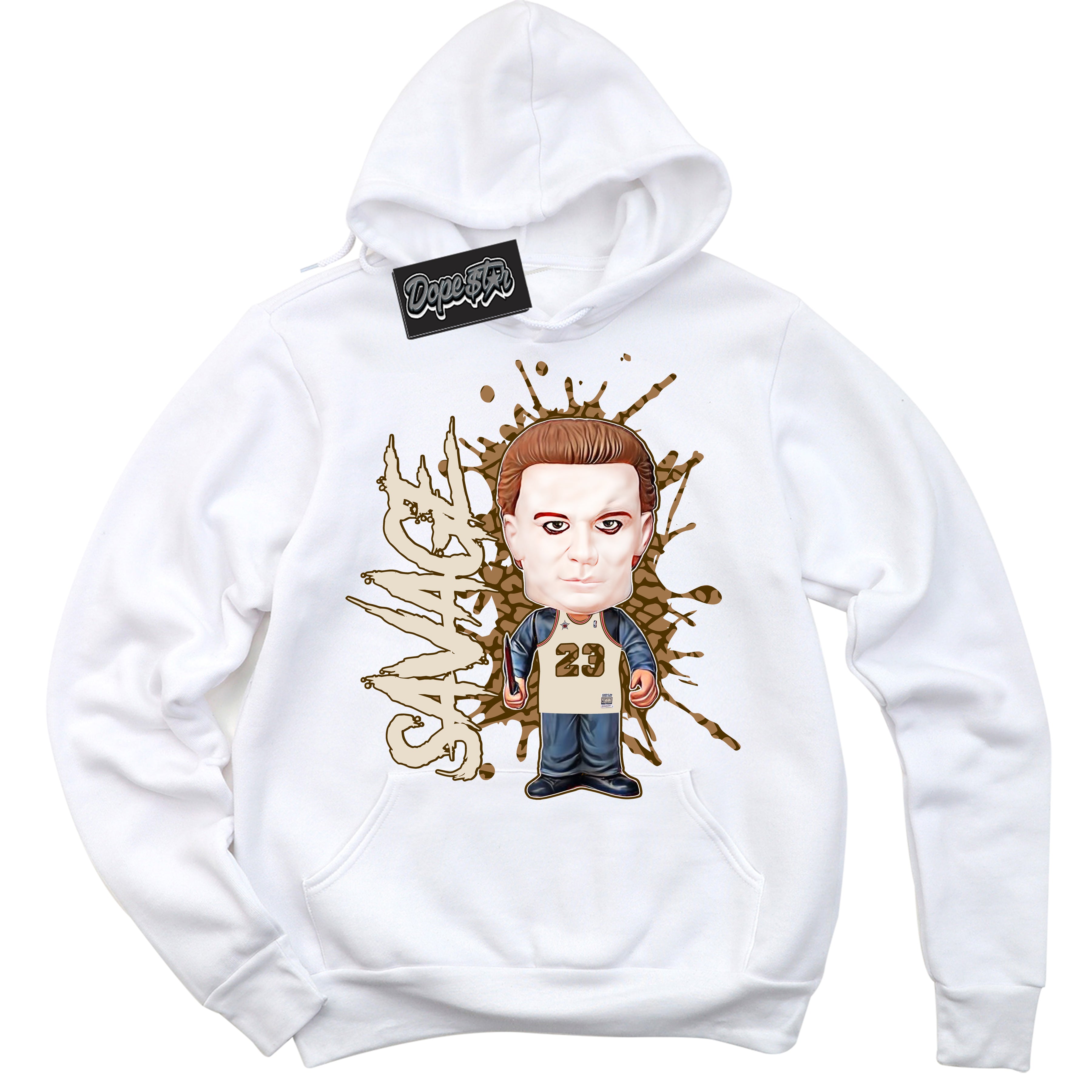 Cool White Graphic DopeStar Hoodie with “ Michael Myers Savage “ print, that perfectly matches Palomino 3s sneakers