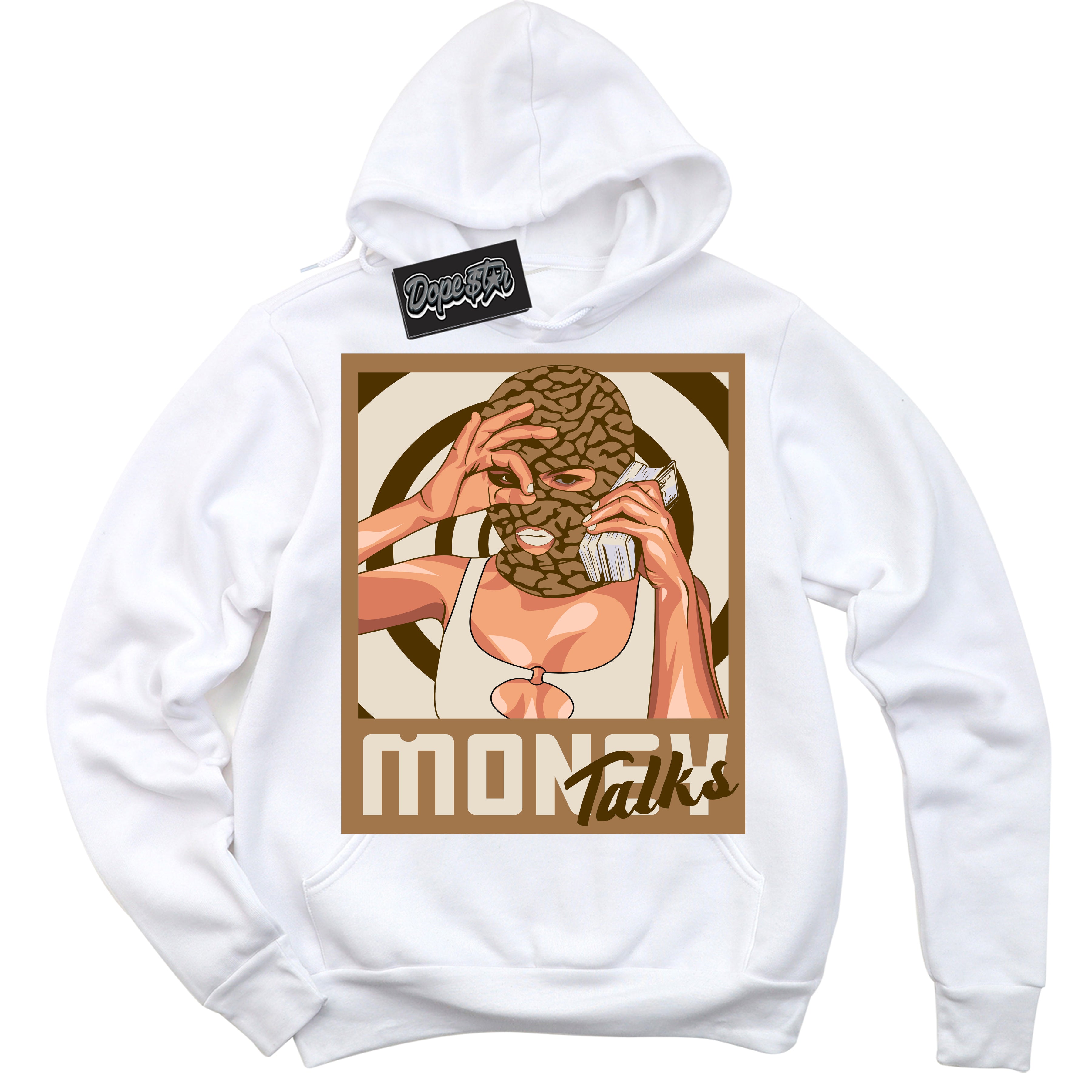Cool White Graphic DopeStar Hoodie with “ Money Talks “ print, that perfectly matches Palomino 3s sneakers
