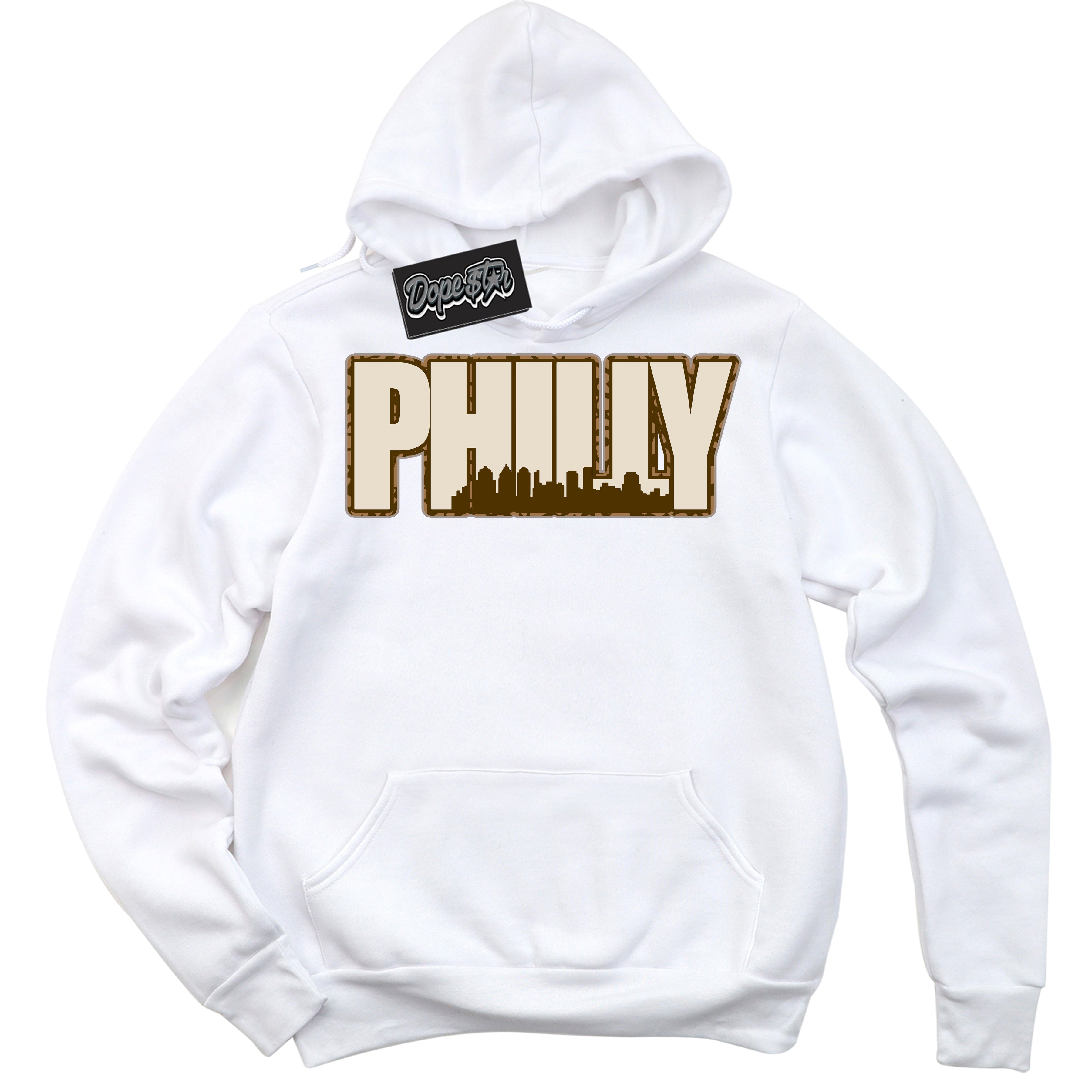 Cool White Graphic DopeStar Hoodie with “ Philly “ print, that perfectly matches Palomino 3s sneakers