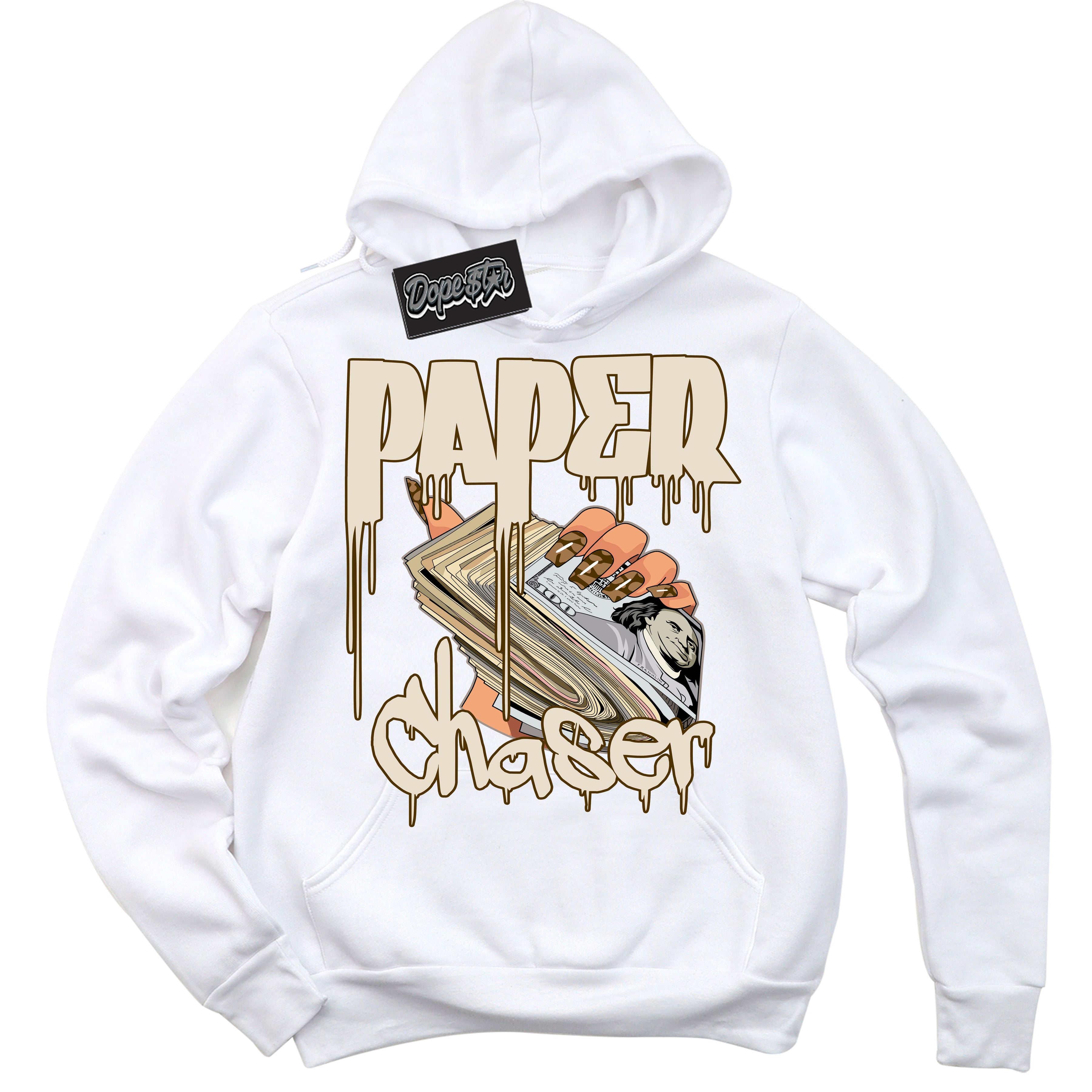 Cool White Graphic DopeStar Hoodie with “ Paper Chaser “ print, that perfectly matches Palomino 3s sneakers