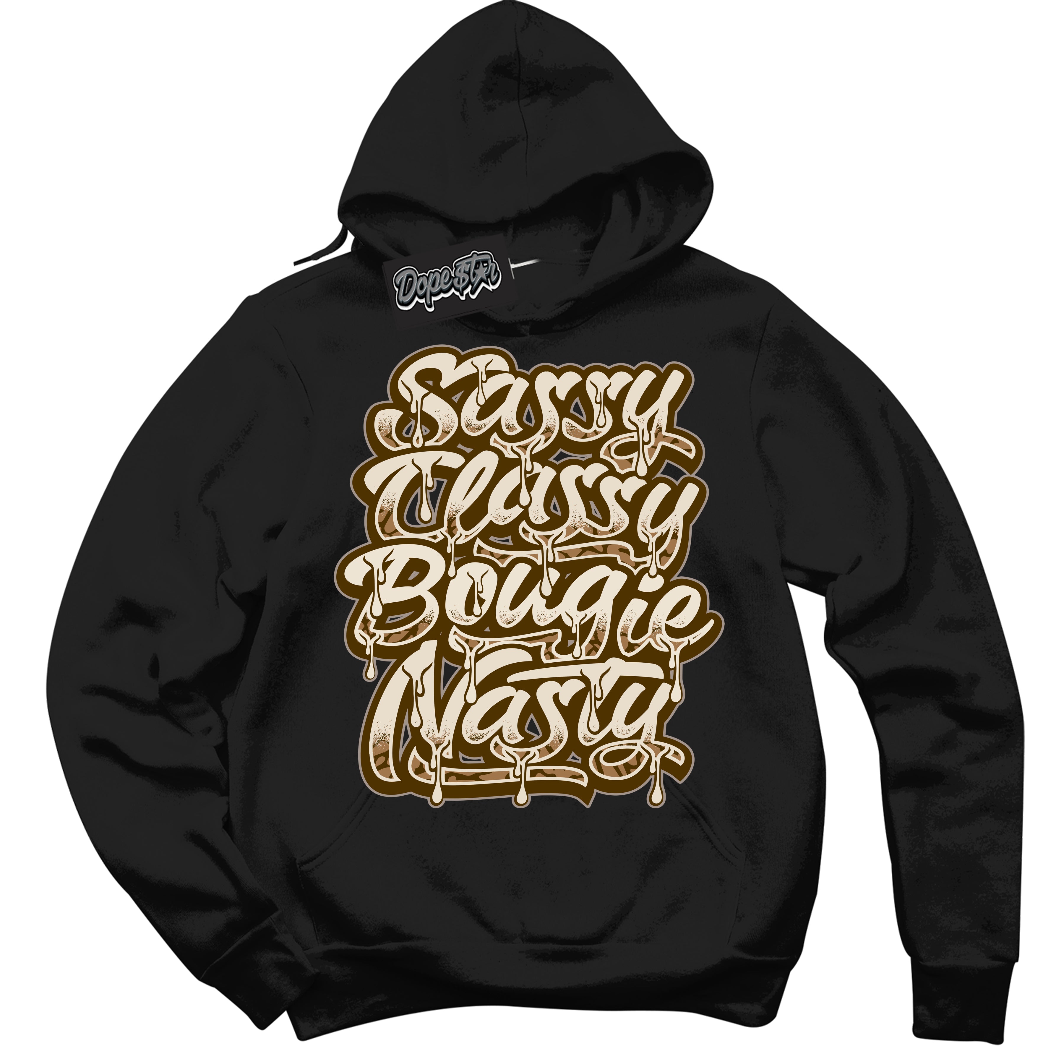Cool Black Graphic DopeStar Hoodie with “ Sassy Classy “ print, that perfectly matches Palomino 3s sneakers
