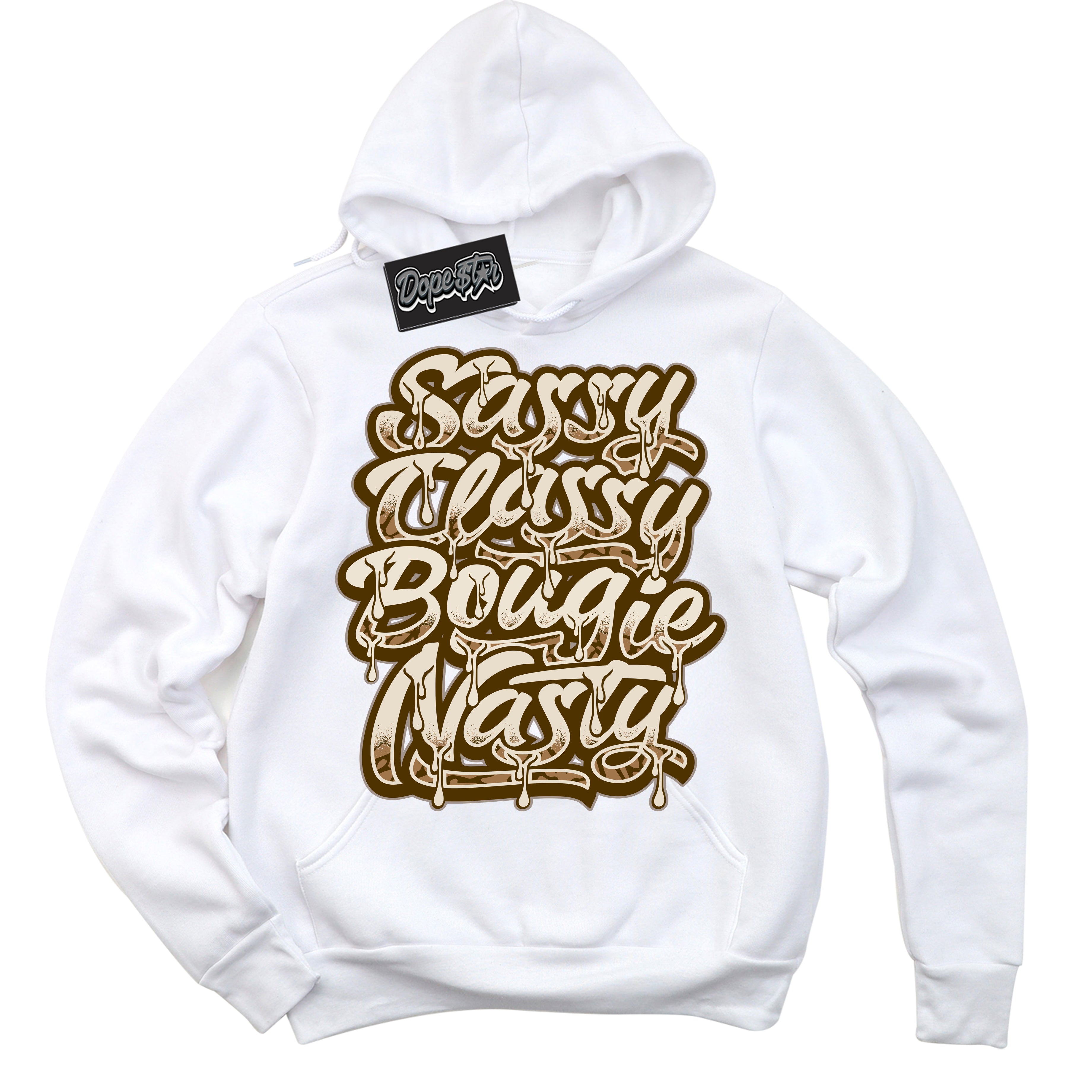 Cool White Graphic DopeStar Hoodie with “ Sassy Classy “ print, that perfectly matches Palomino 3s sneakers