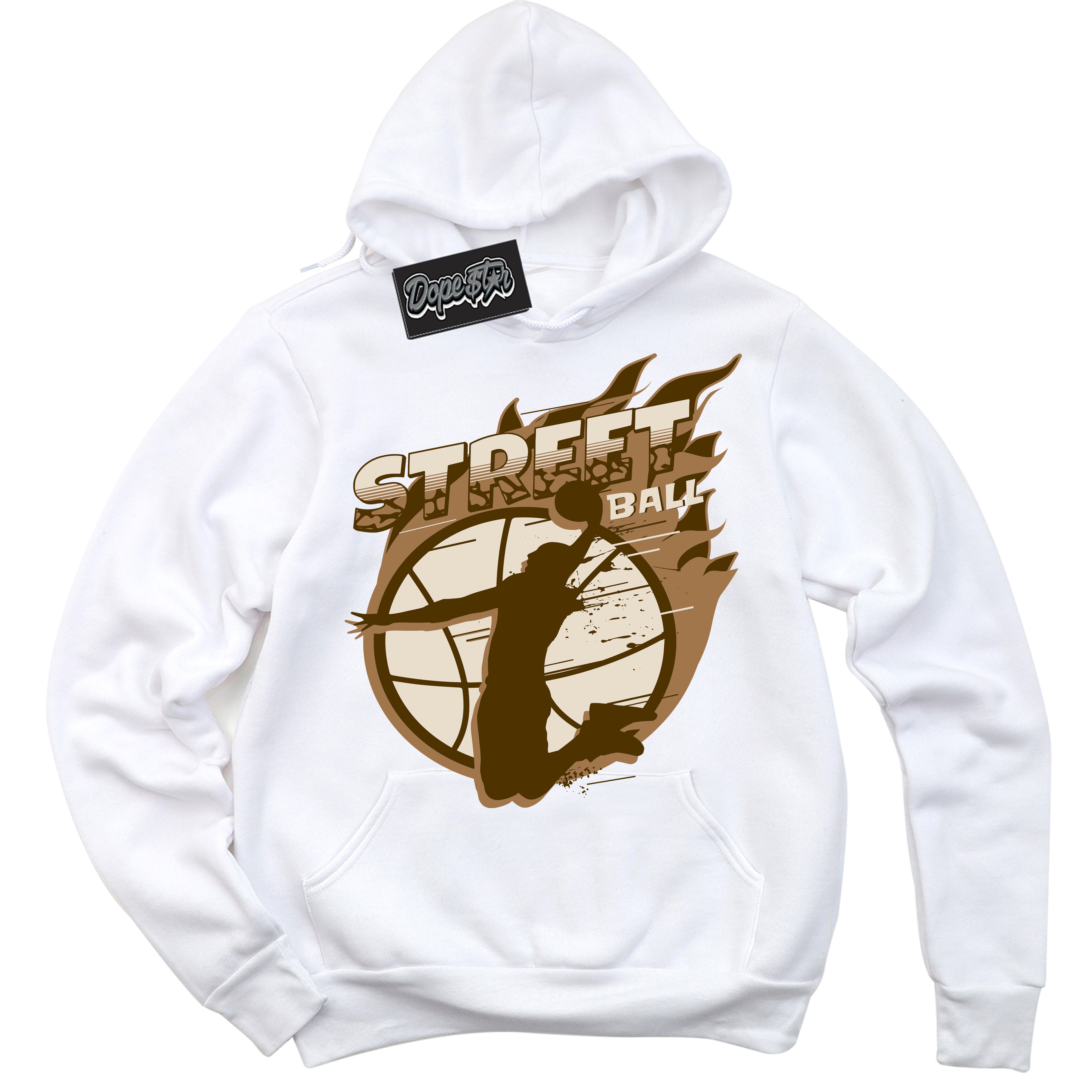 Cool White Graphic DopeStar Hoodie with “ Street Ball “ print, that perfectly matches Palomino 3s sneakers
