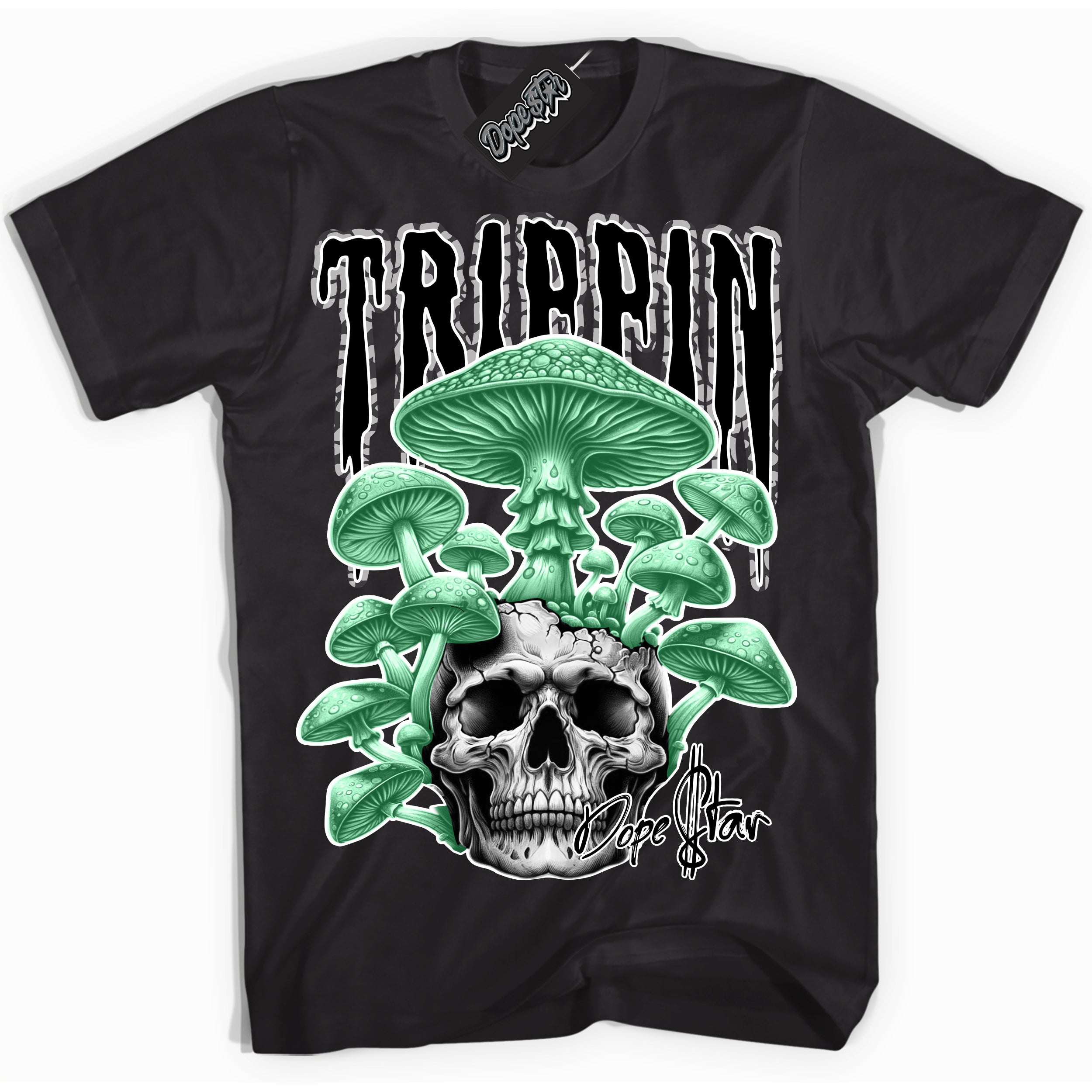 Cool Black Shirt with “ Trippin” design that perfectly matches Green Glow 3s Sneakers.