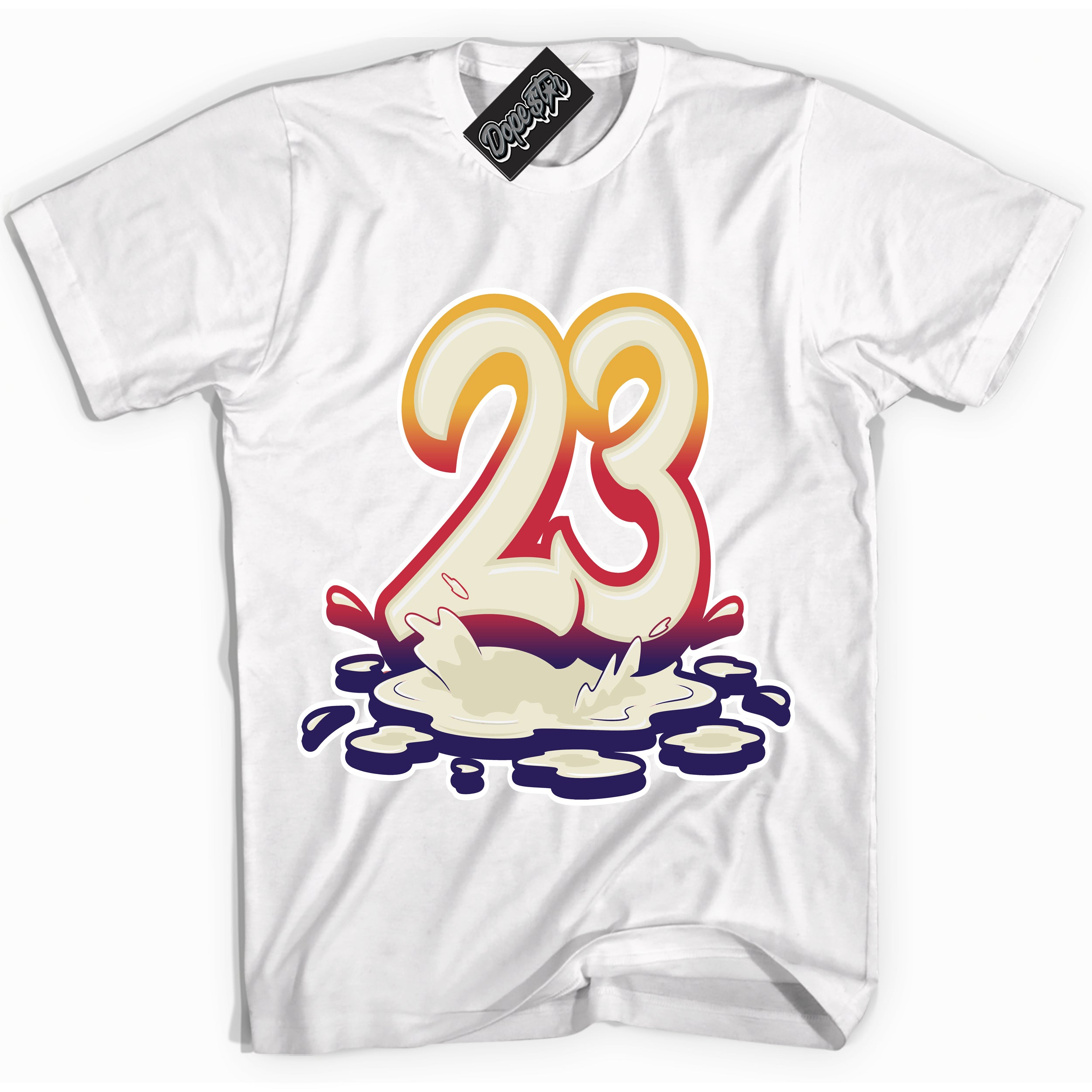Cool White Shirt with “ 23 Melting” design that perfectly matches J Balvin Sunset 3s Jordans.