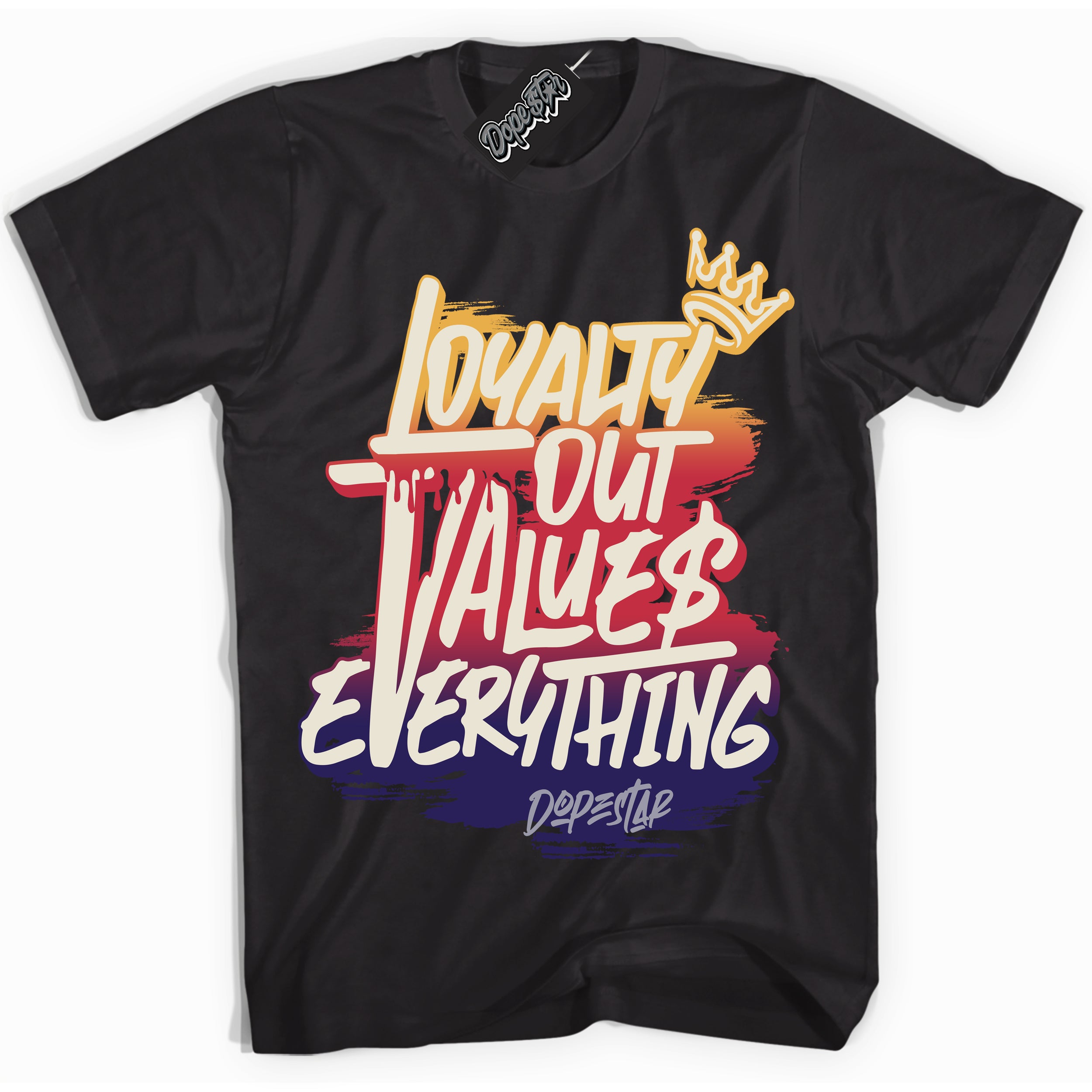 Cool Black Shirt with “ Loyalty Out Values Everything” design that perfectly matches J Balvin Sunset 3s Jordans.