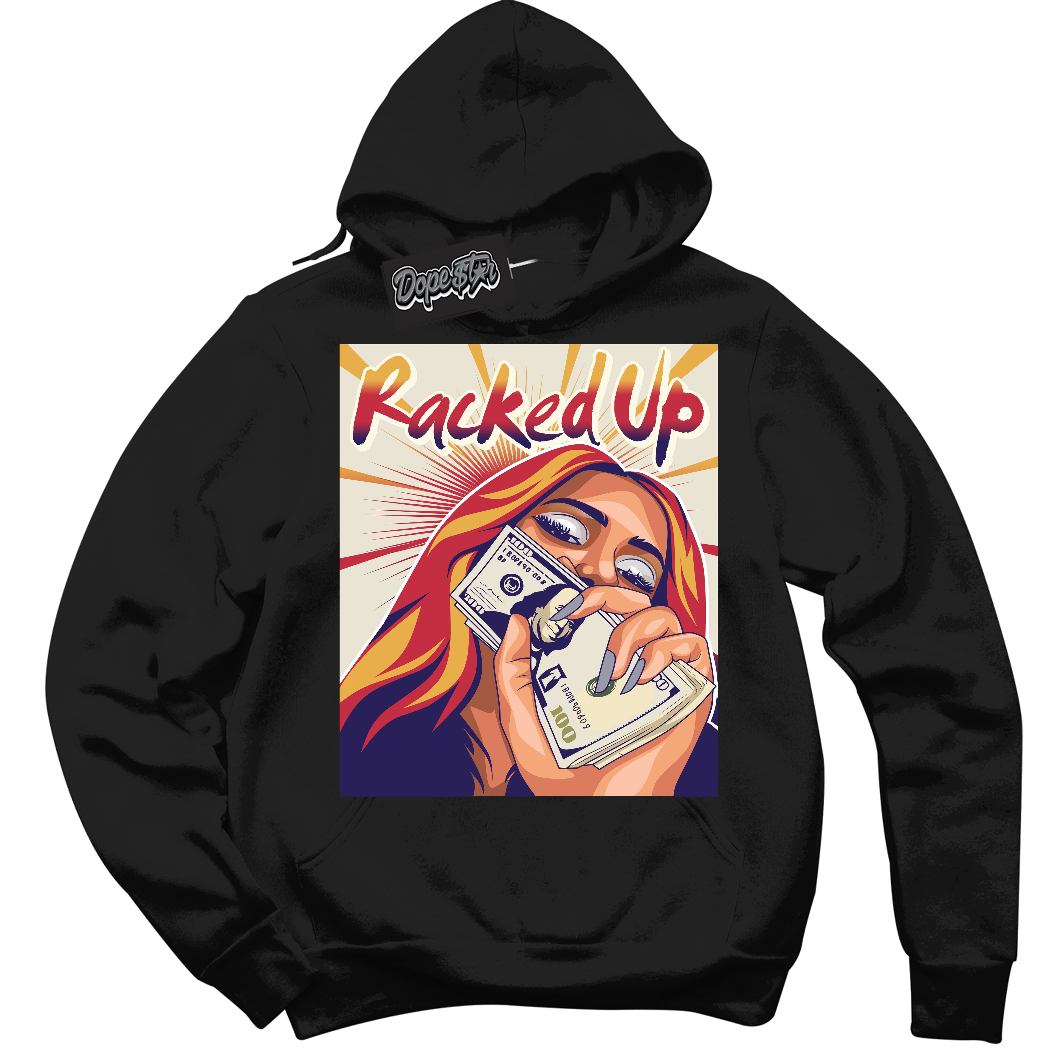 Cool Black Hoodie with “ Racked Up ”  design that Perfectly Matches J Balvin Sunset 3s Jordans.