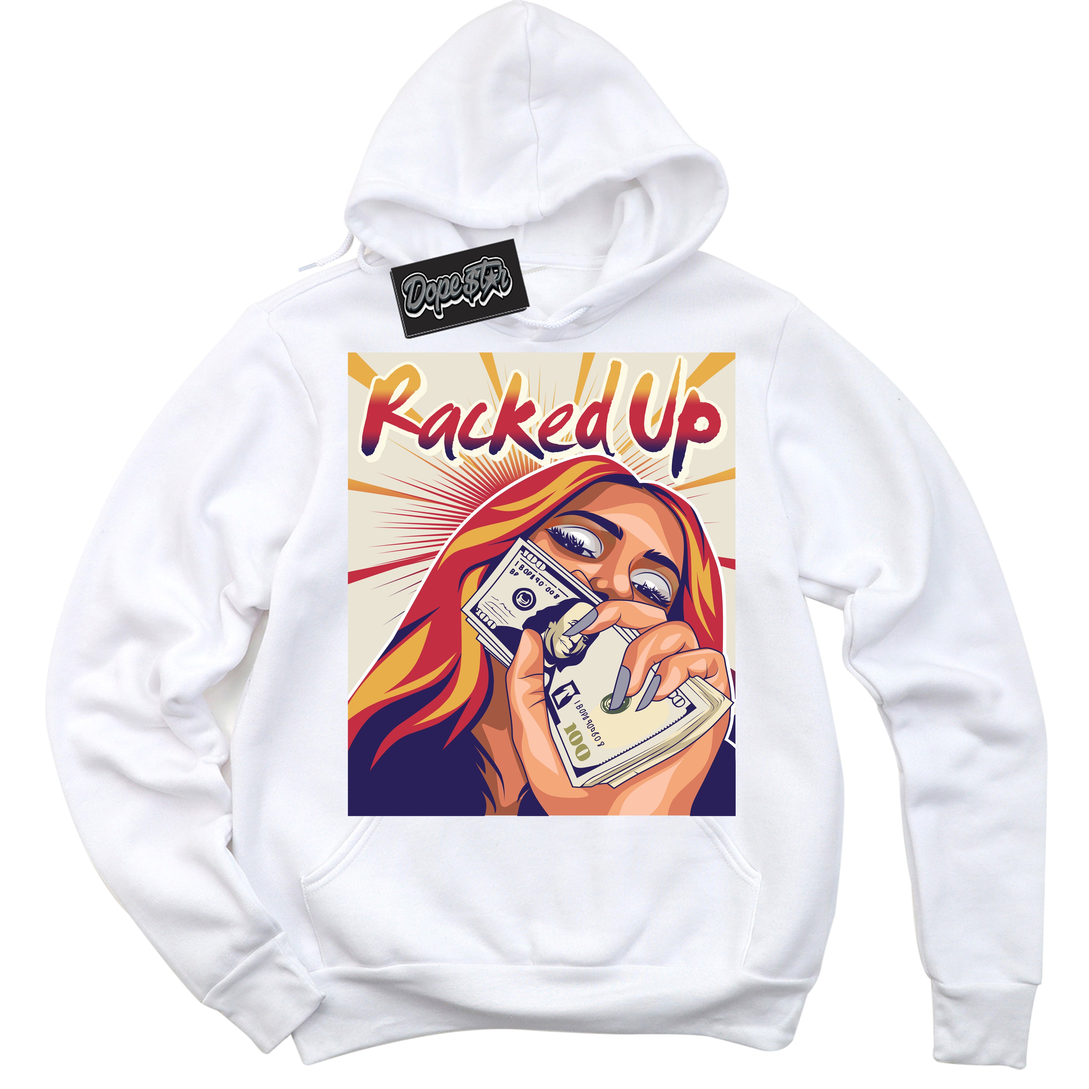 Cool White Hoodie with “ Racked Up ”  design that Perfectly Matches J Balvin Sunset 3s Jordans.