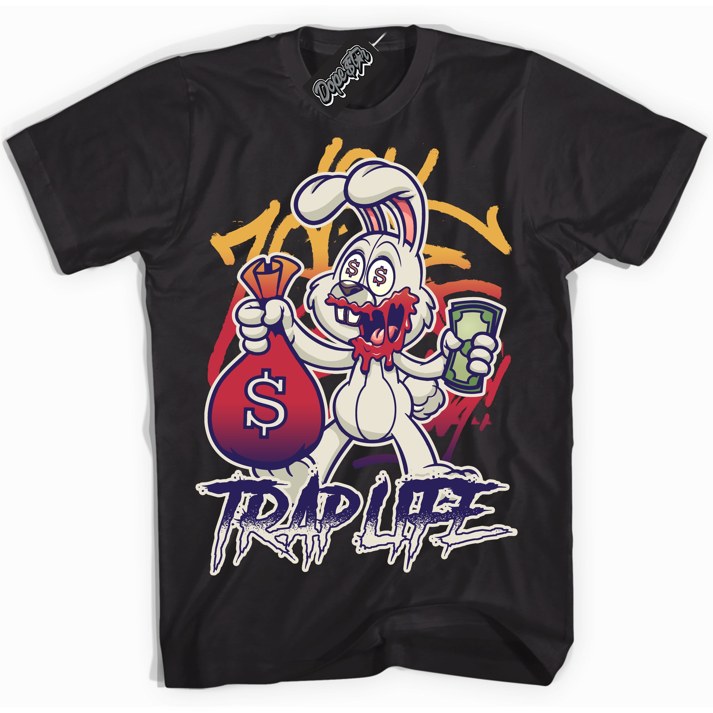 Cool Black Shirt with “ Trap Rabbit” design that perfectly matches J Balvin Sunset 3s Jordans.