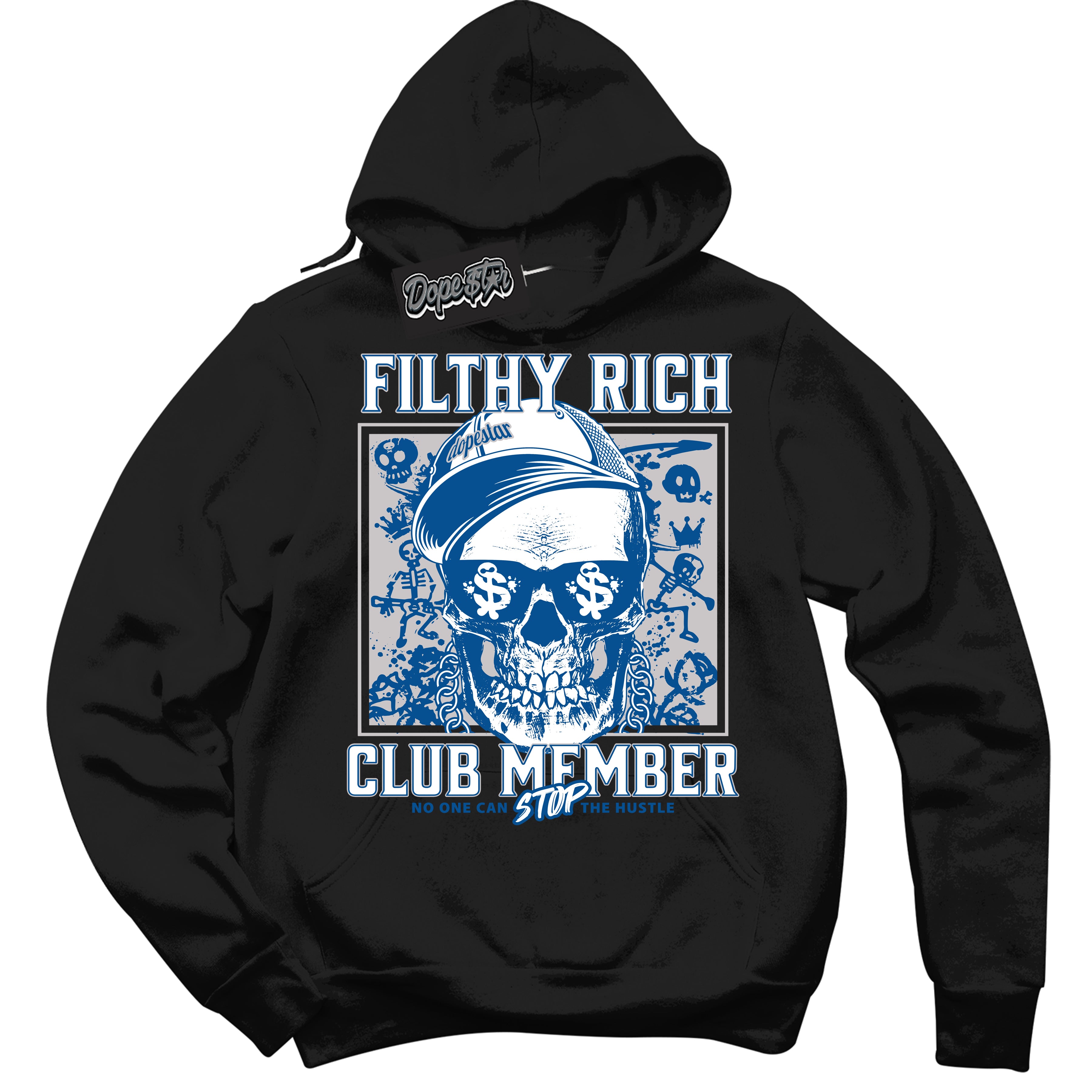 Cool Black Hoodie with “ Filthy Rich ”  design that Perfectly Matches Military Blue 4s Sneakers.