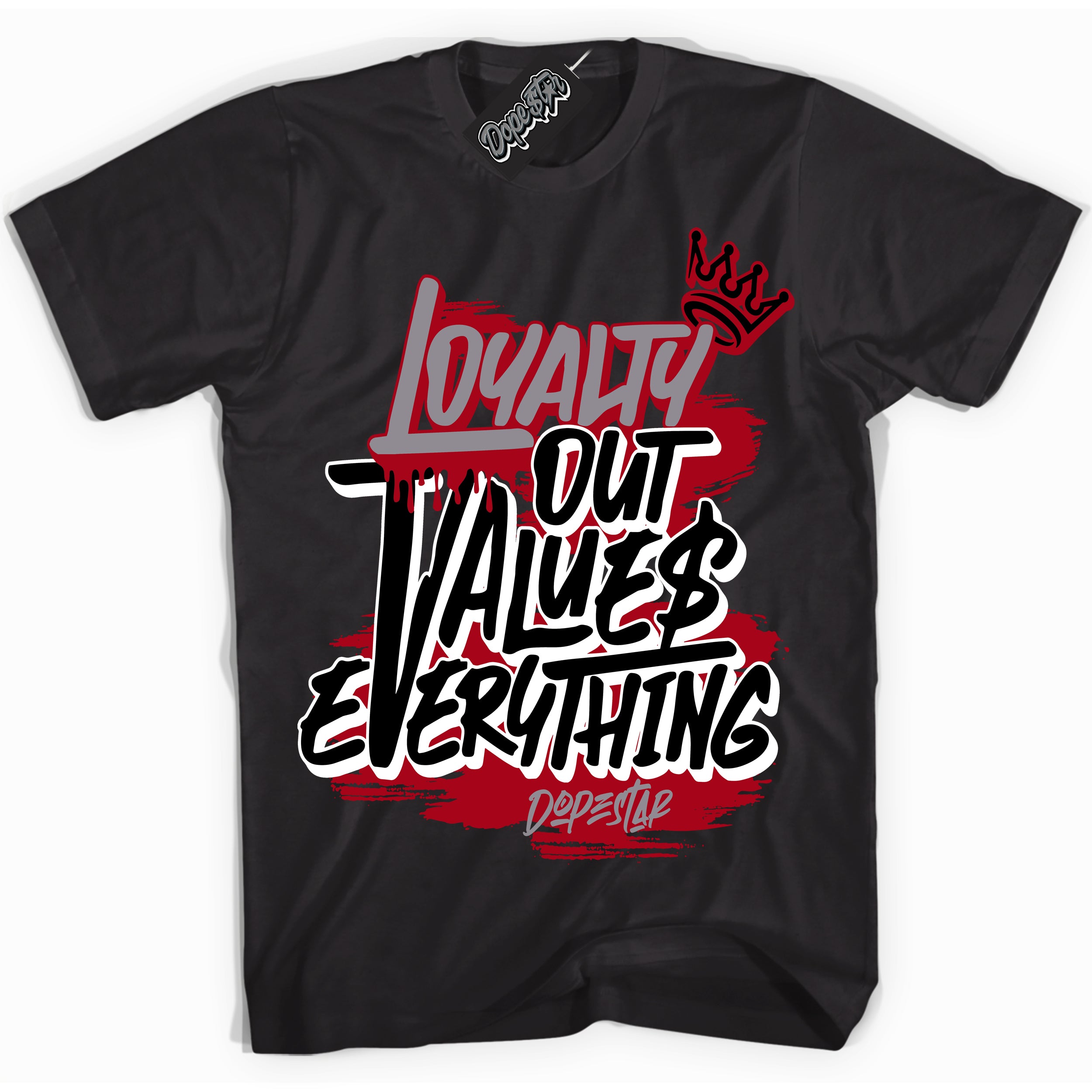 Cool Black Shirt with “ Loyalty Out Values Everything” design that perfectly matches Bred Reimagined 4s Sneakers.