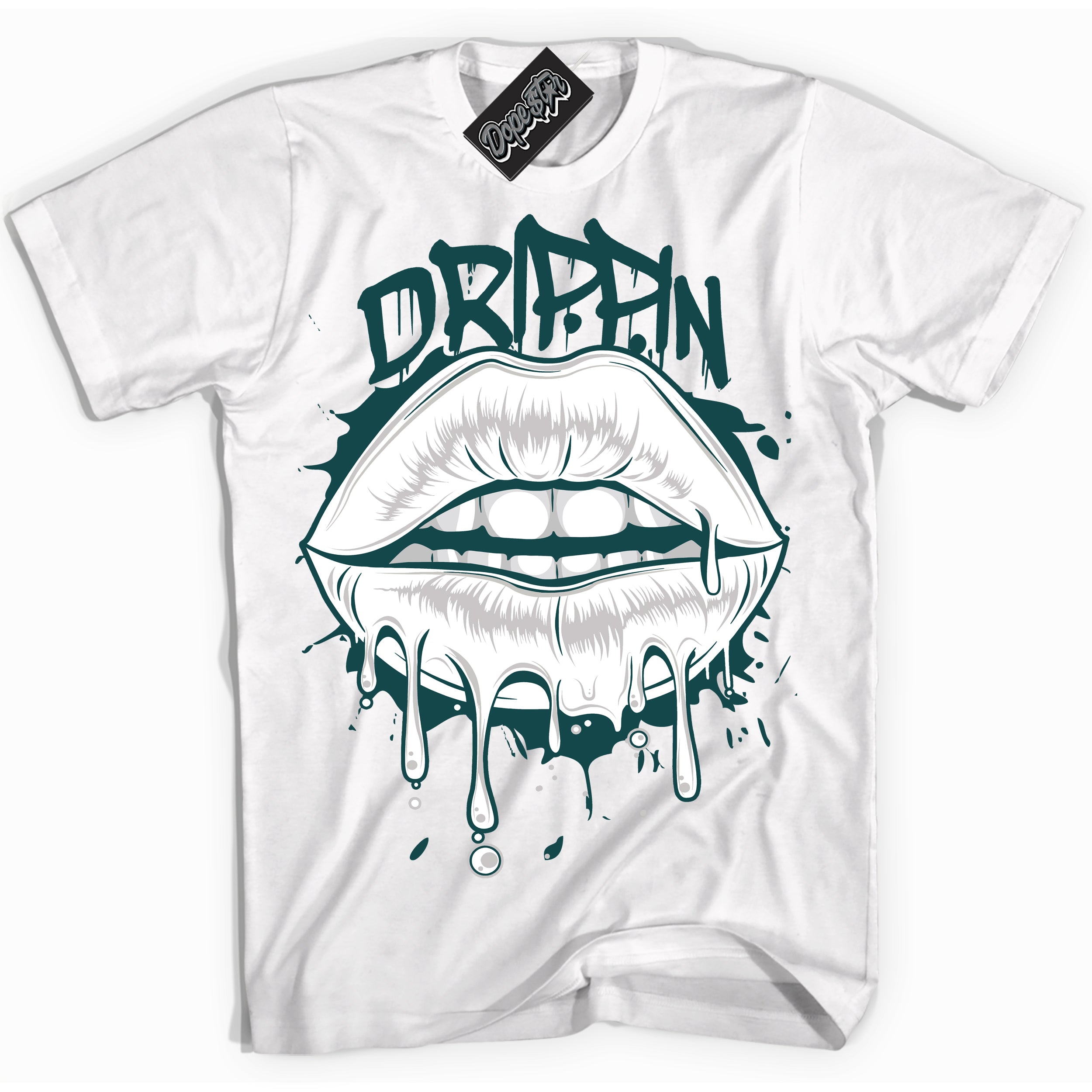 Cool White Shirt with “ Drippin ” design that perfectly matches Oxidized Green 4s Jordans.