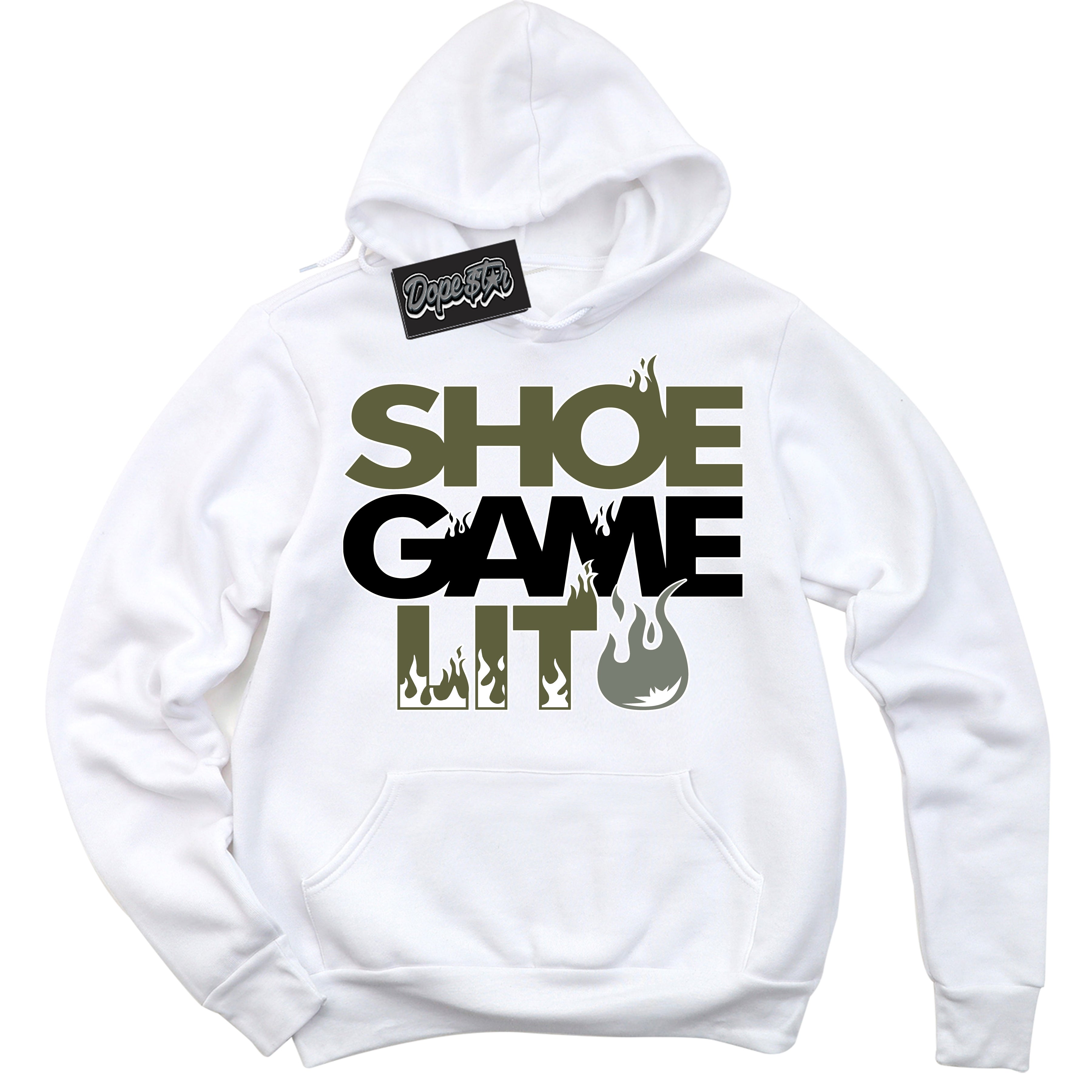 Cool White Hoodie with “ Shoe Game Lit ”  design that Perfectly Matches  Craft Olive 4s Sneakers.