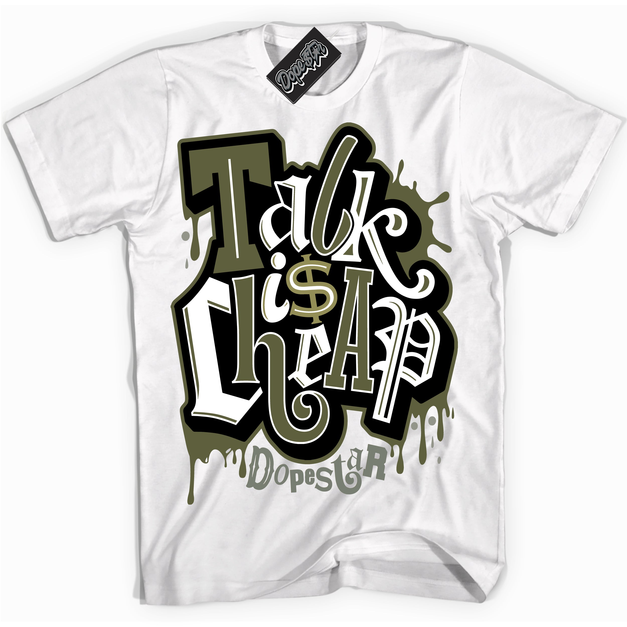 Cool White Shirt with “ Talk Is Cheap” design that perfectly matches Craft Olive 4s Sneakers.