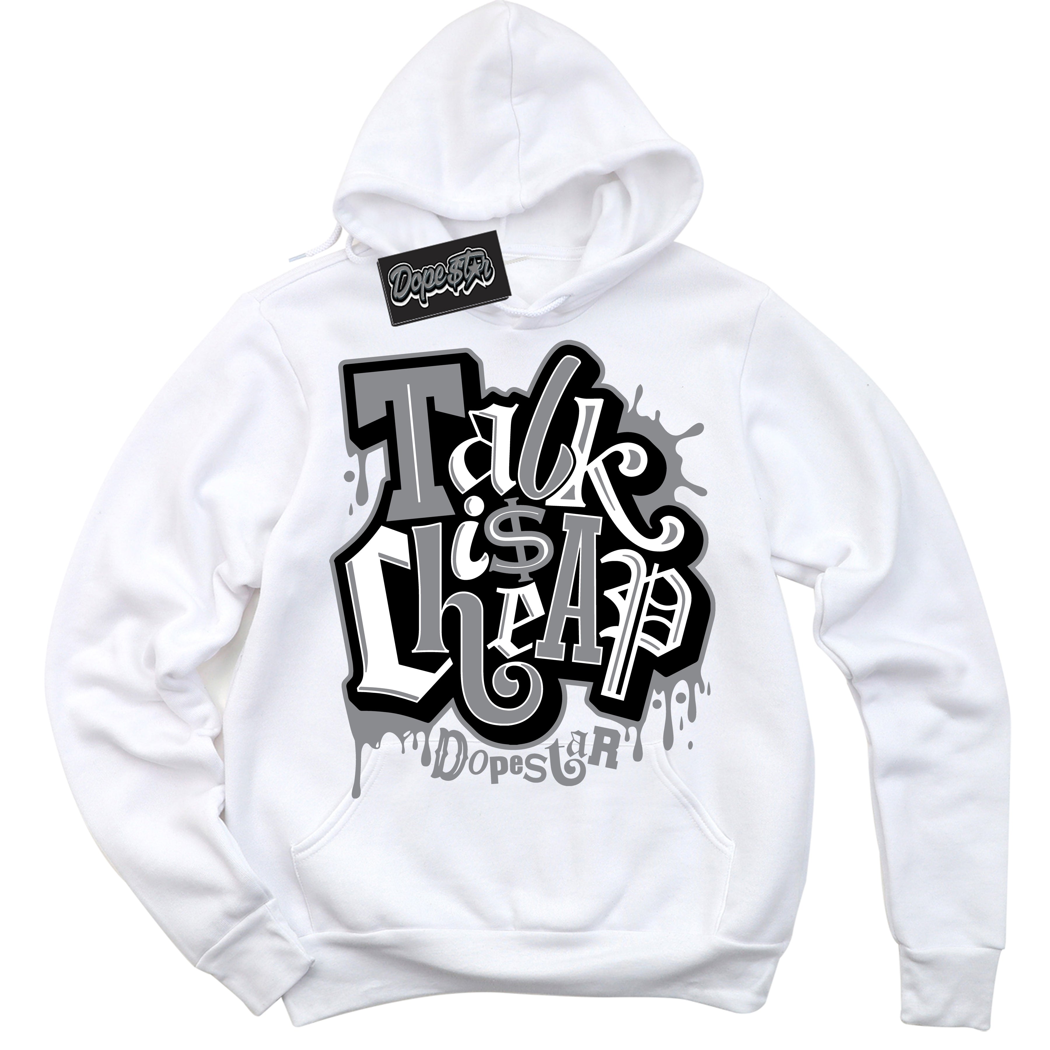 Cool White Hoodie with “ Talk Is Cheap ”  design that Perfectly Matches Black Canvas 4s Sneakers.