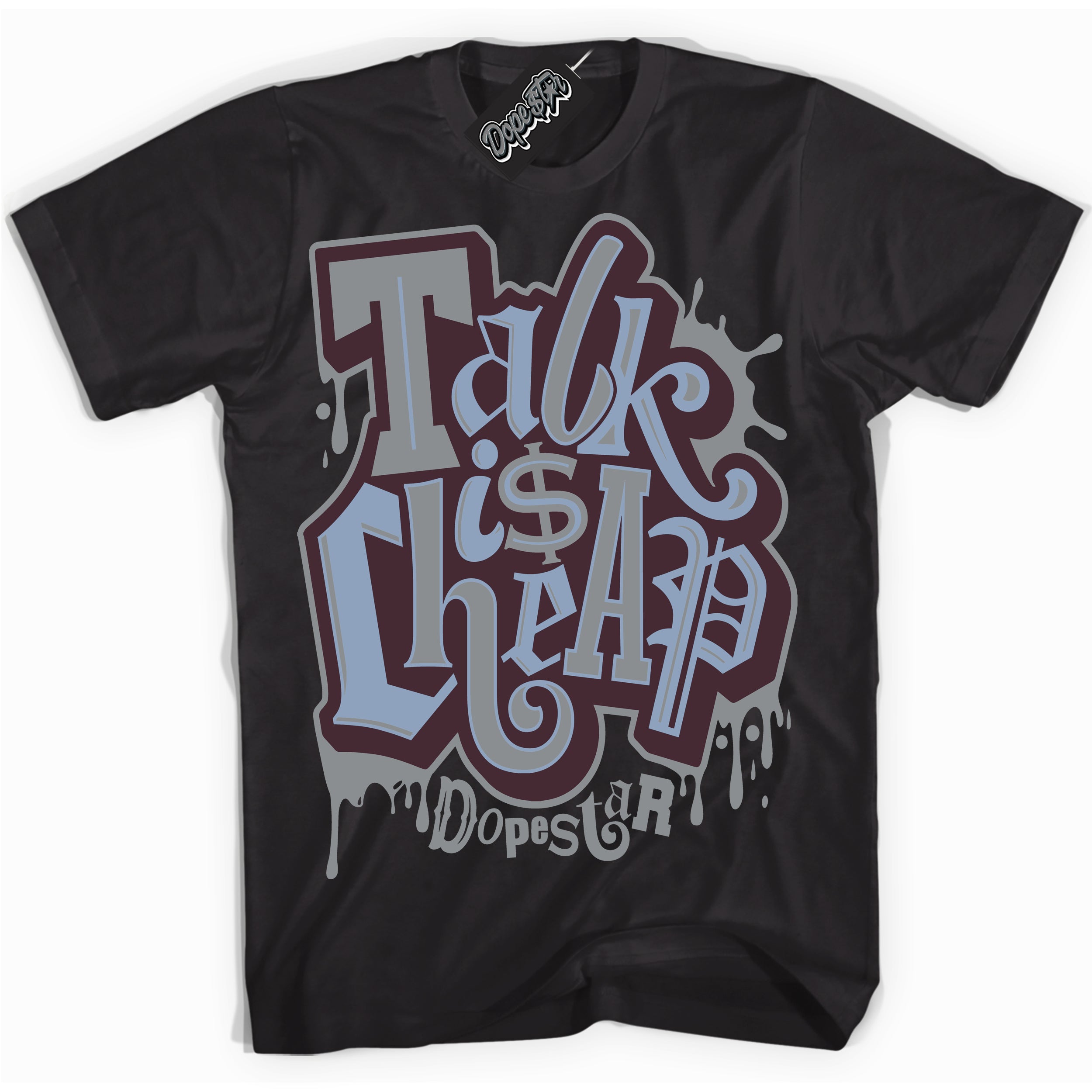 Cool Black Shirt with “ Talk Is Cheap” design that perfectly matches Burgundy 5s Sneakers.