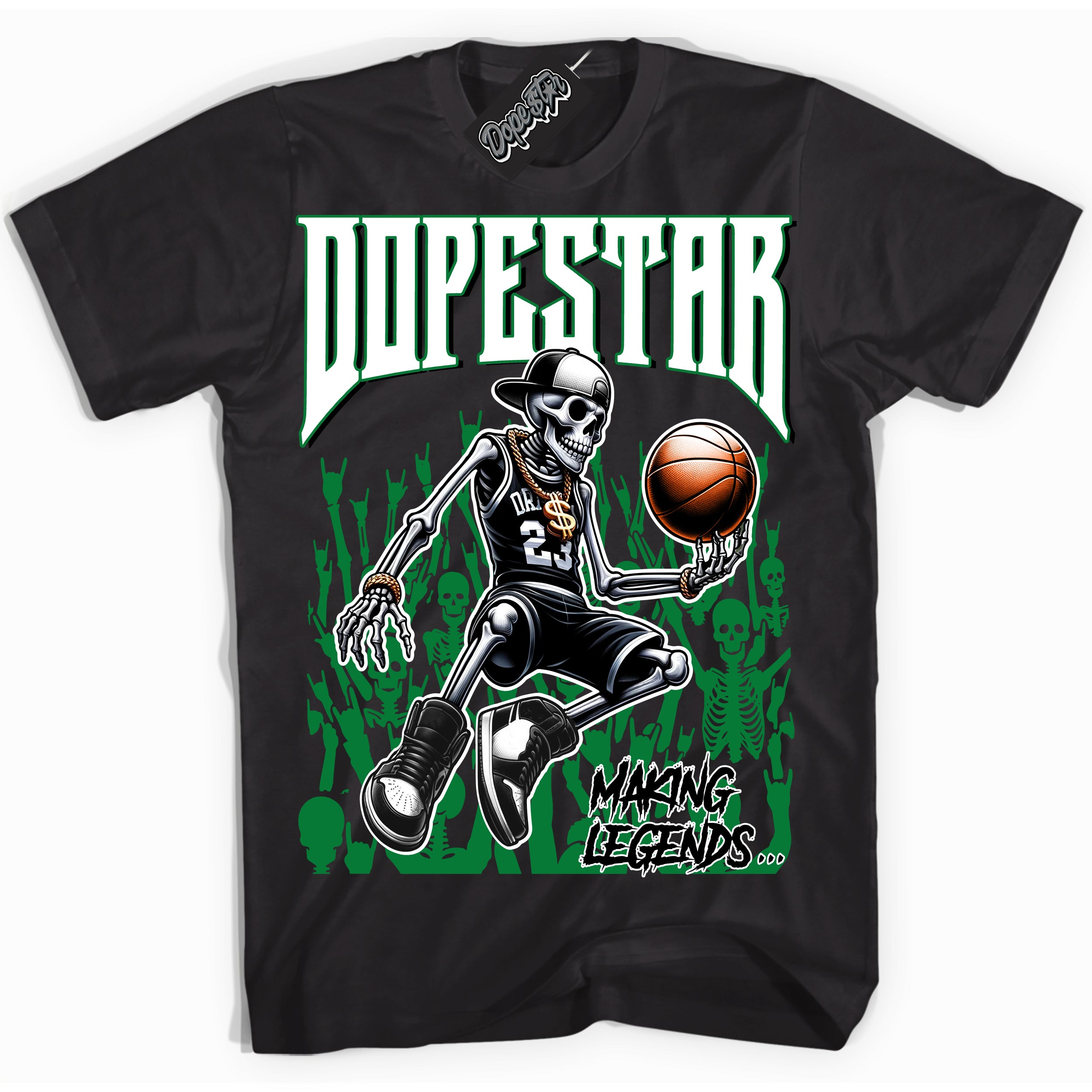 Cool Black Shirt with “ Making Legends ” design that perfectly matches Lucky Green 5s Sneakers.