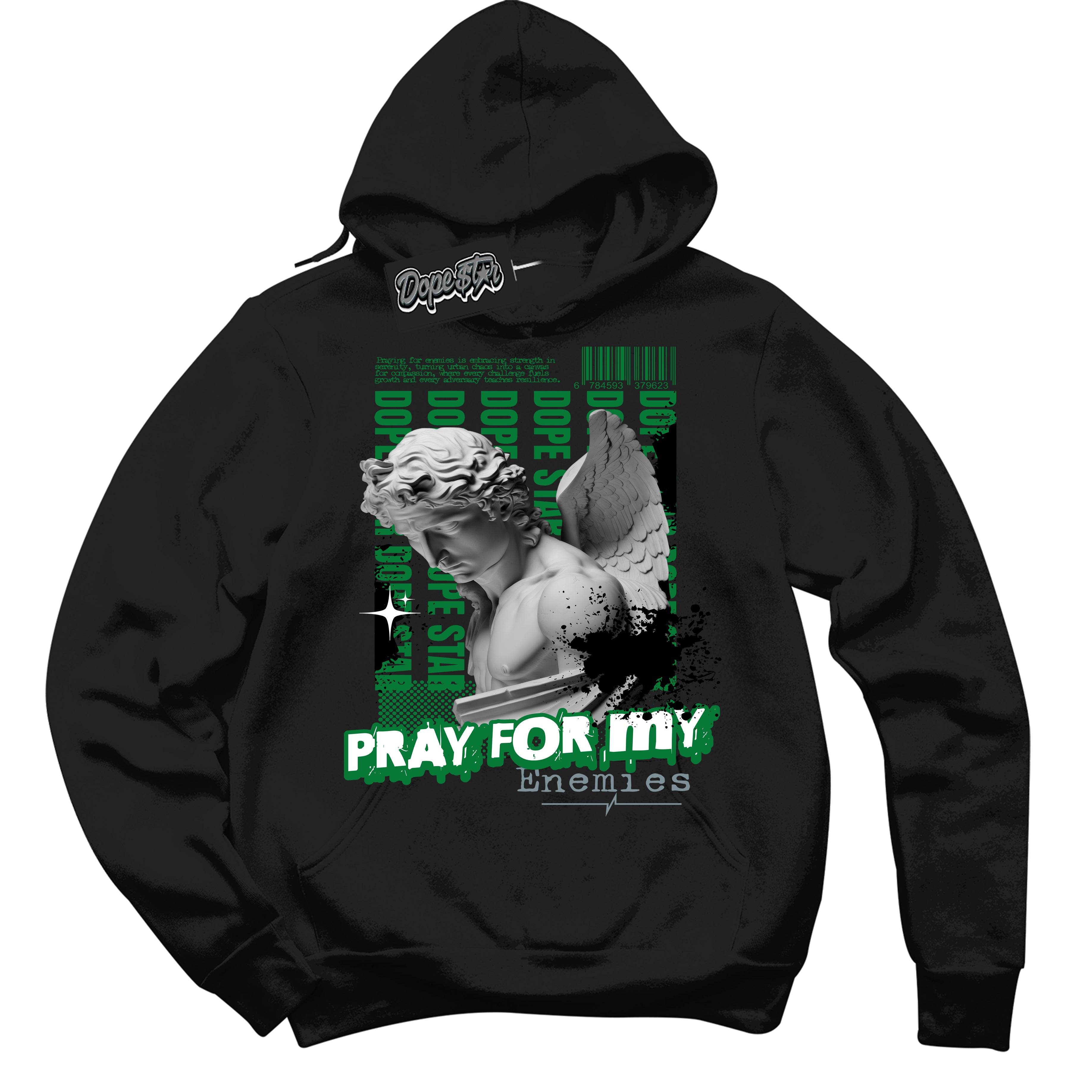 Cool Black Hoodie with “ Pray Enemies ”  design that Perfectly Matches Lucky Green 5s Sneakers.