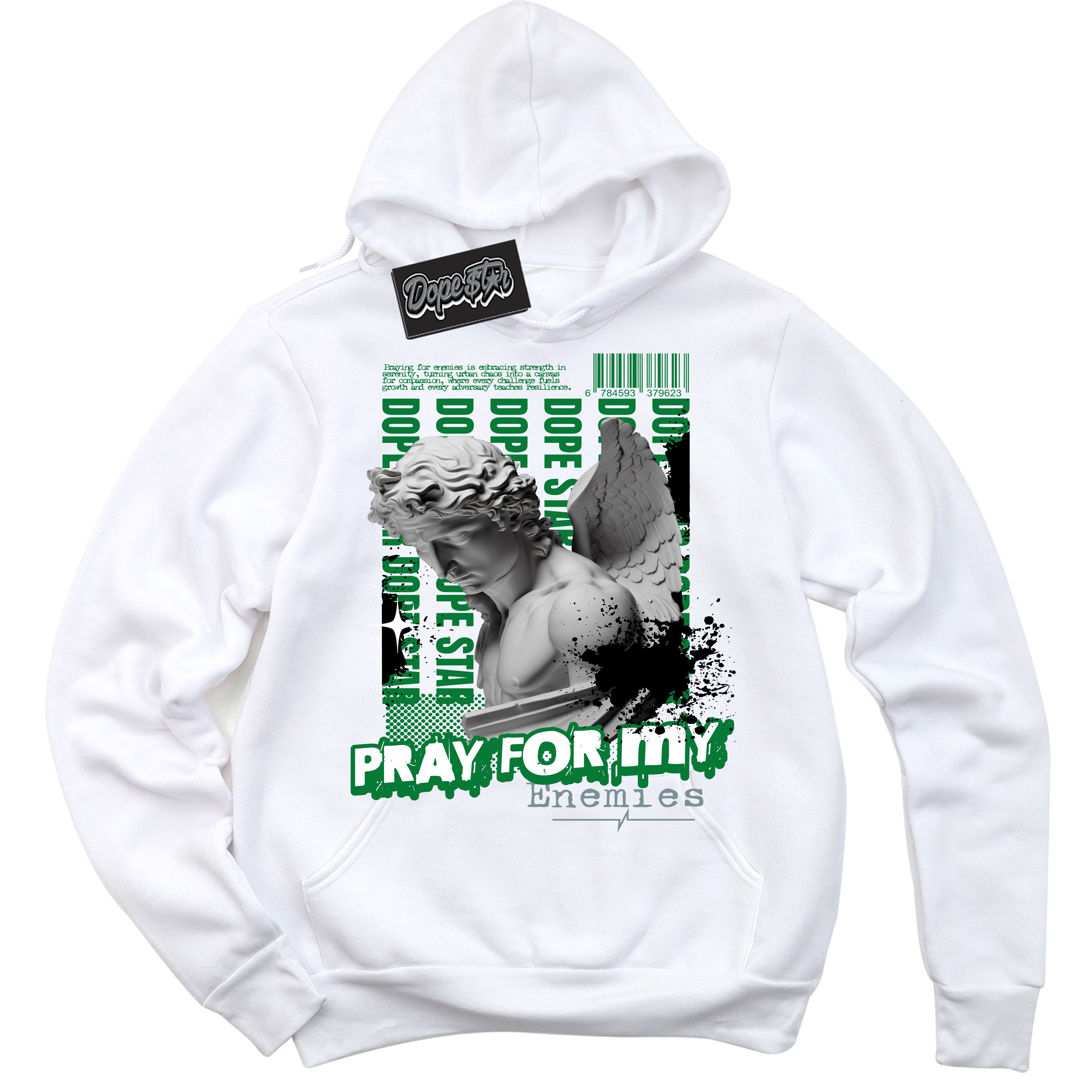 Cool White Hoodie with “ Pray Enemies ”  design that Perfectly Matches Lucky Green 5s Sneakers.
