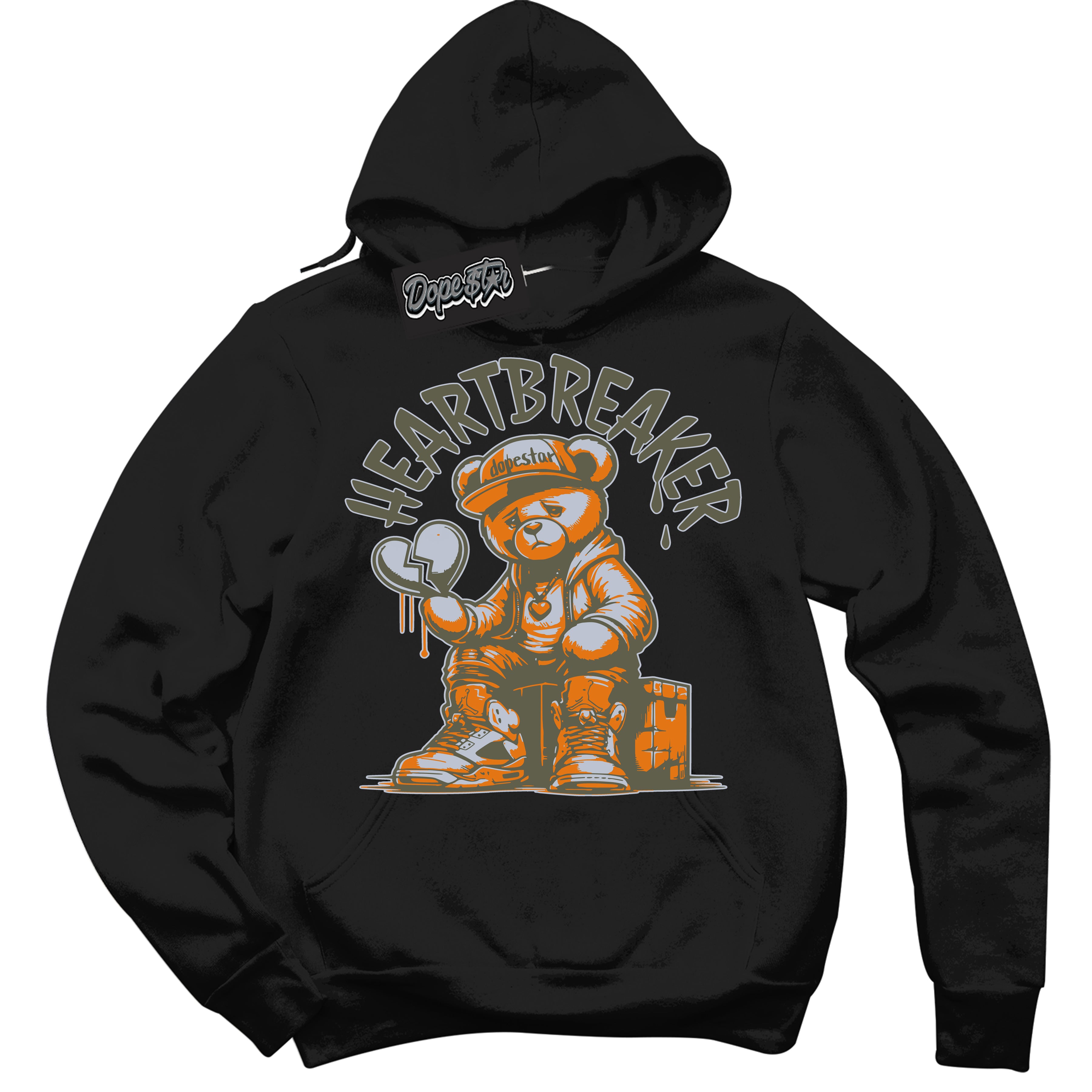 Cool Black Hoodie with “ Heartbreaker Bear ”  design that Perfectly Matches Olive 5s Sneakers.