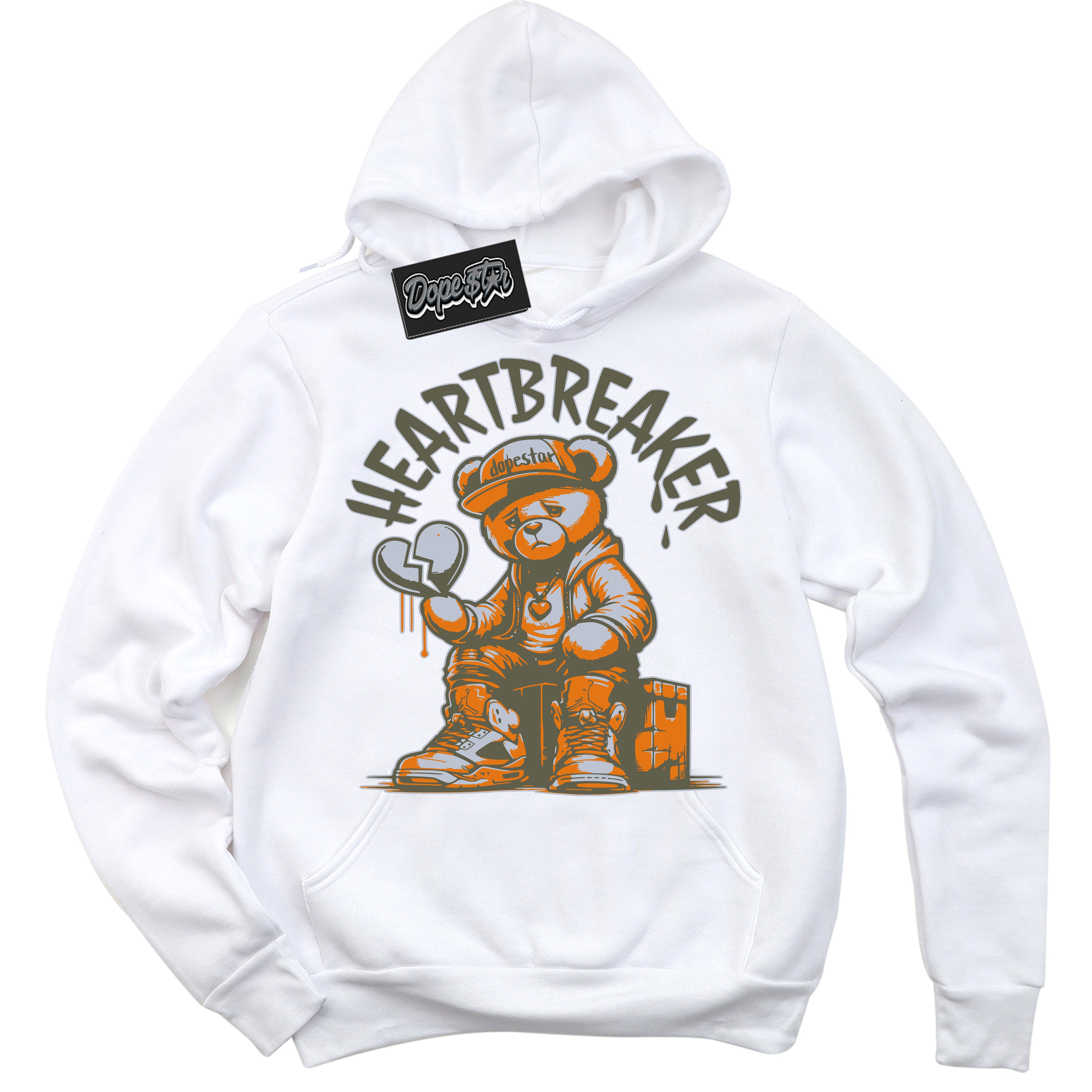 Cool White Hoodie with “ Heartbreaker Bear ”  design that Perfectly Matches Olive 5s Sneakers.
